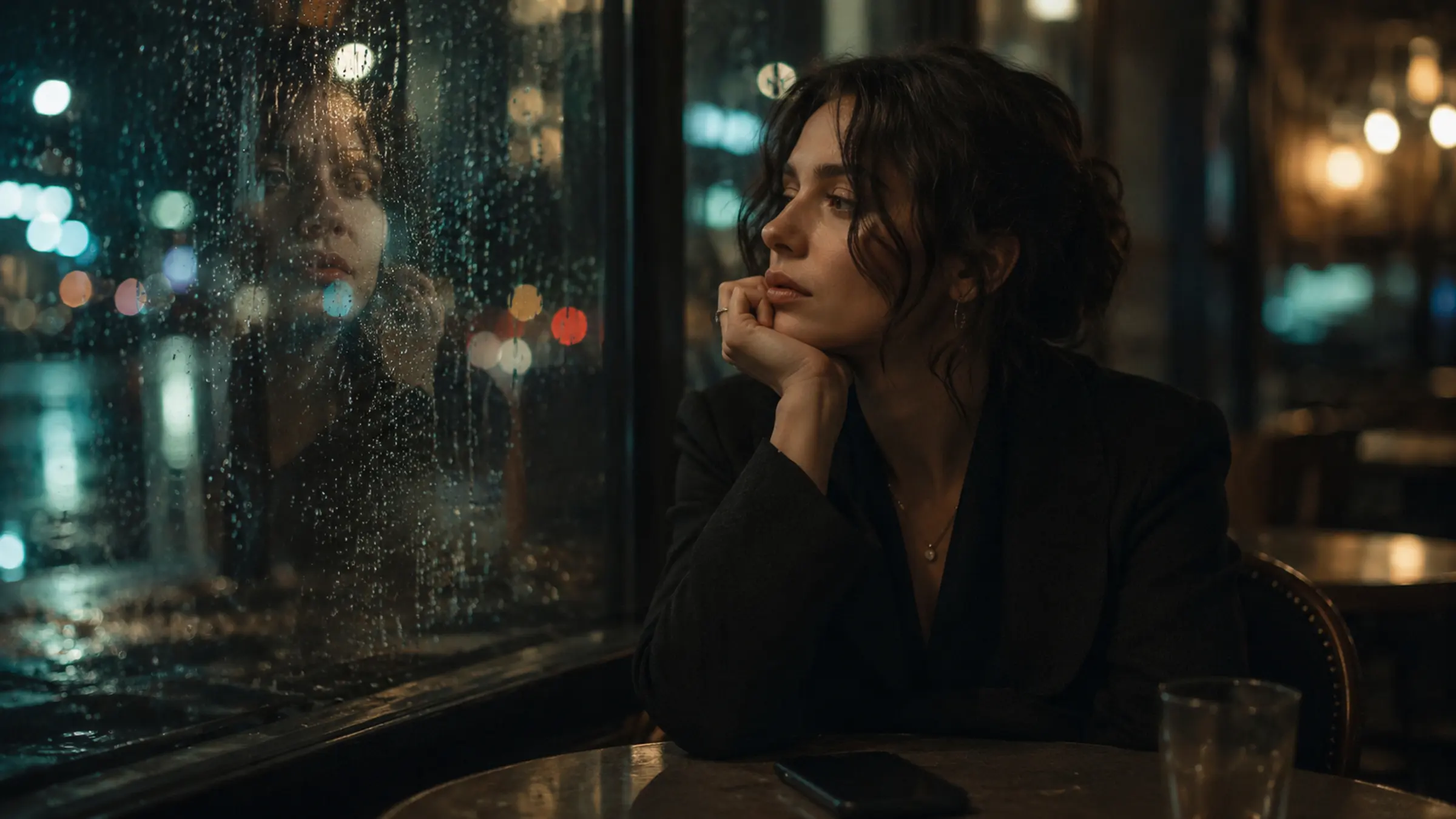 A cinematic close portrait of a woman pausing after a date beside a rain-streaked window and unread messages
