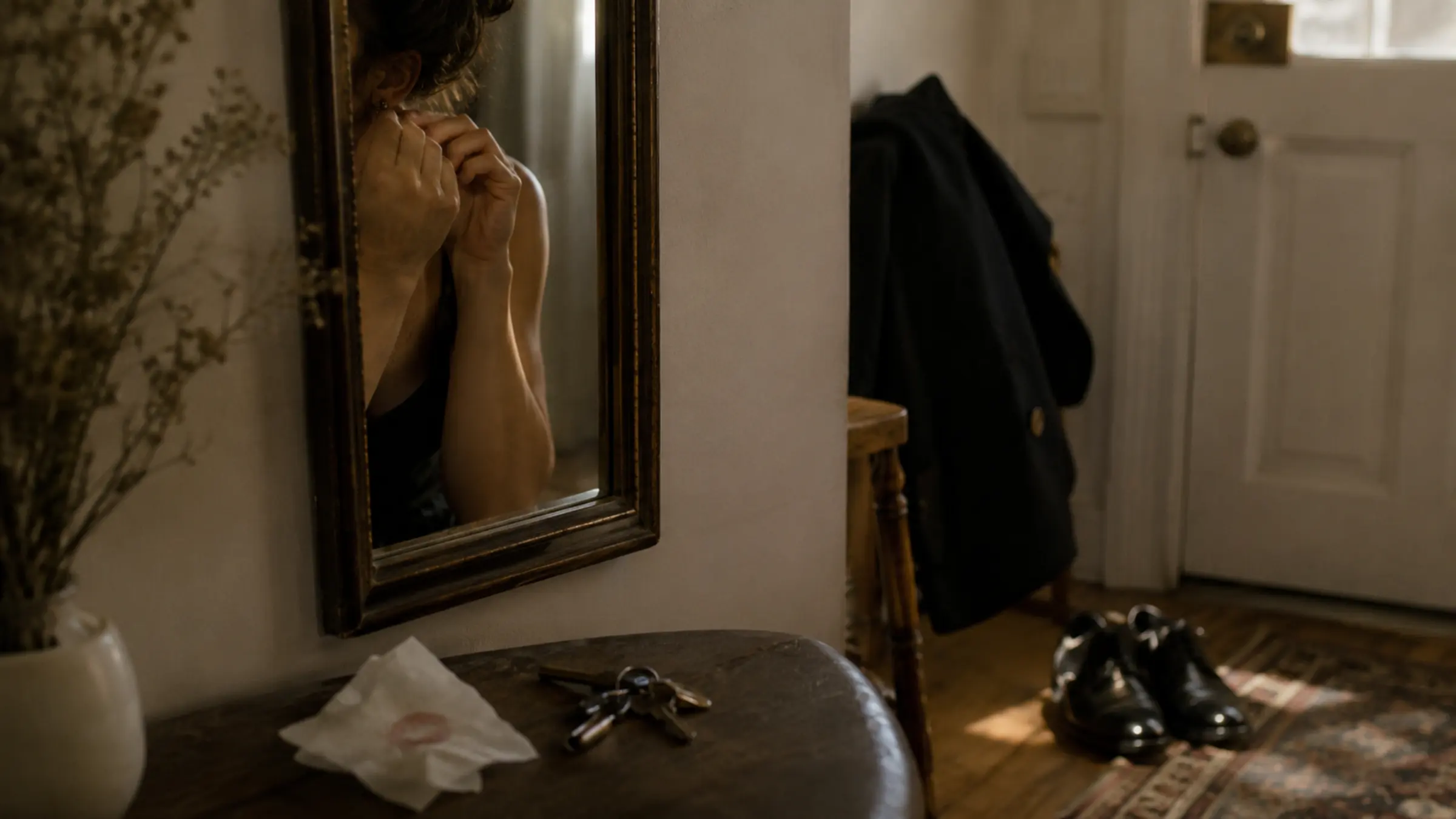 A half-lit entryway mirror with shoes, earrings, and a coat waiting before a first date