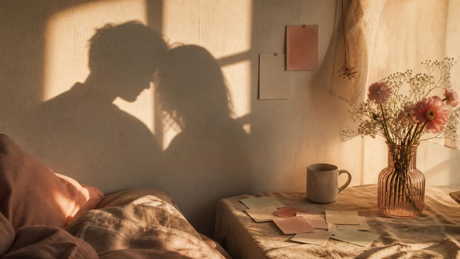 A soft editorial scene of two overlapping shadows, pastel paper slips, and warm morning light on a quiet bedroom wall
