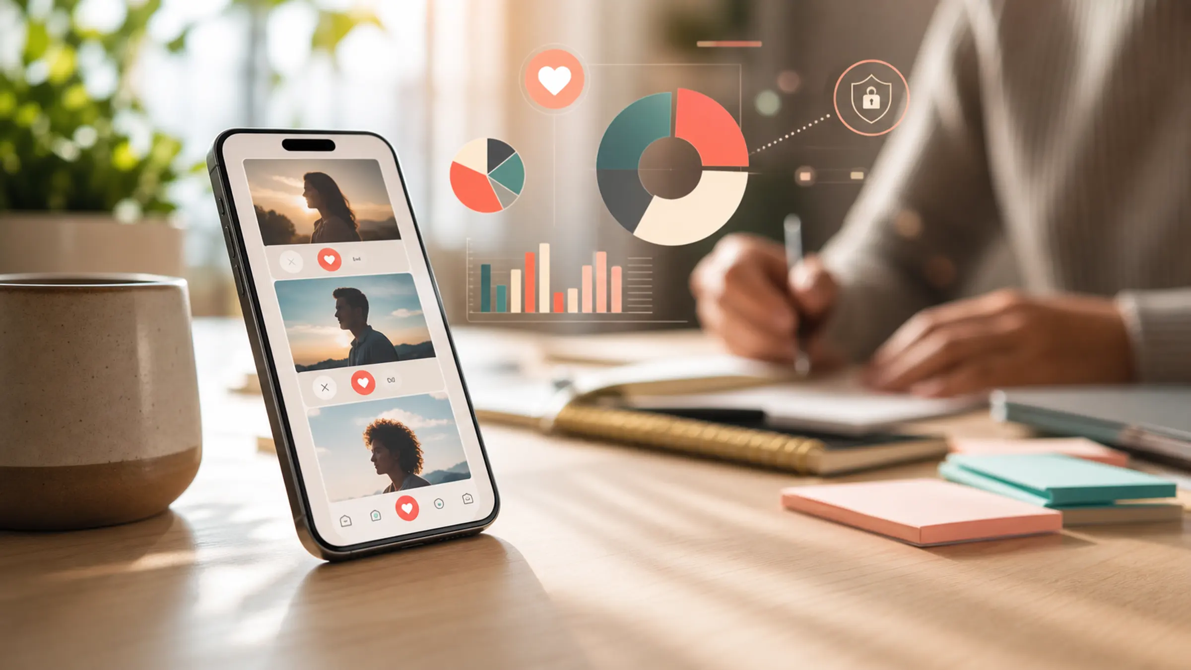 A smartphone with dating profile cards beside soft data charts, suggesting dating app statistics and modern dating choices
