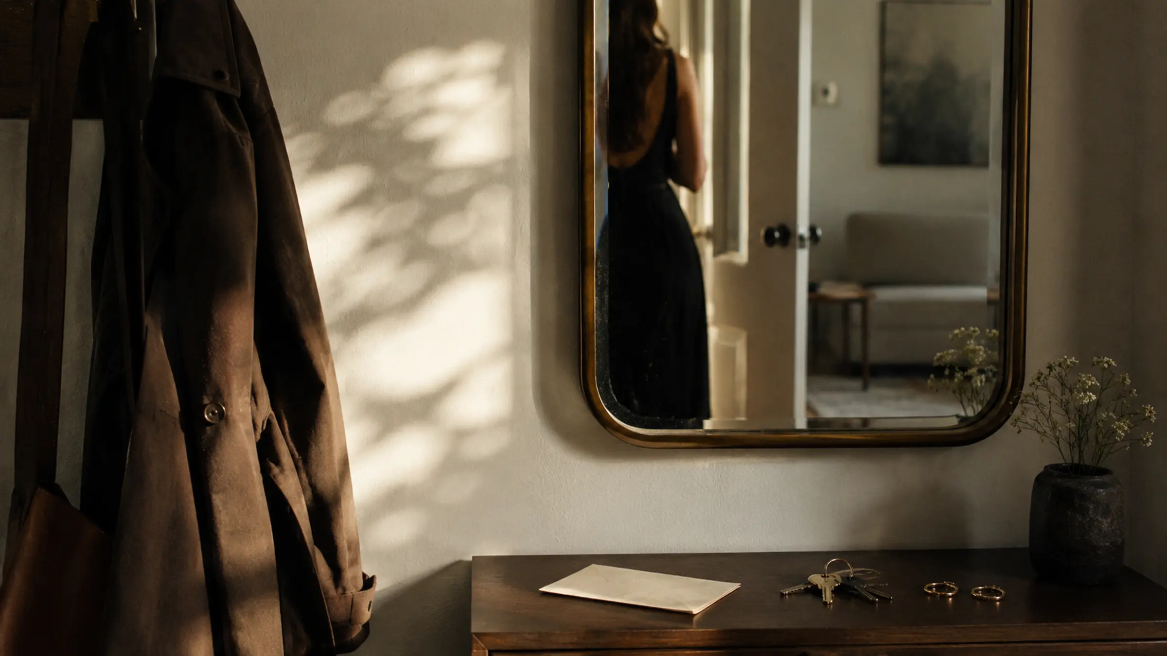A mirror by an entry table with earrings, keys, a coat, and a handwritten note under clean morning light