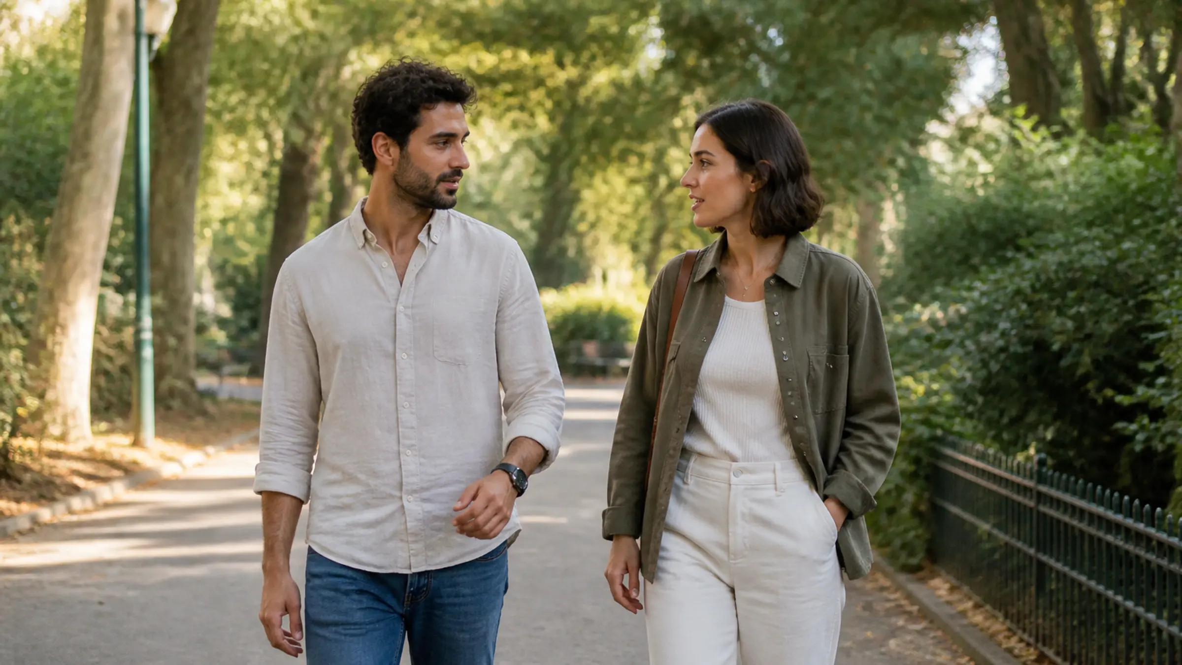 A couple walking side by side in a park, talking with ease and mutual attention