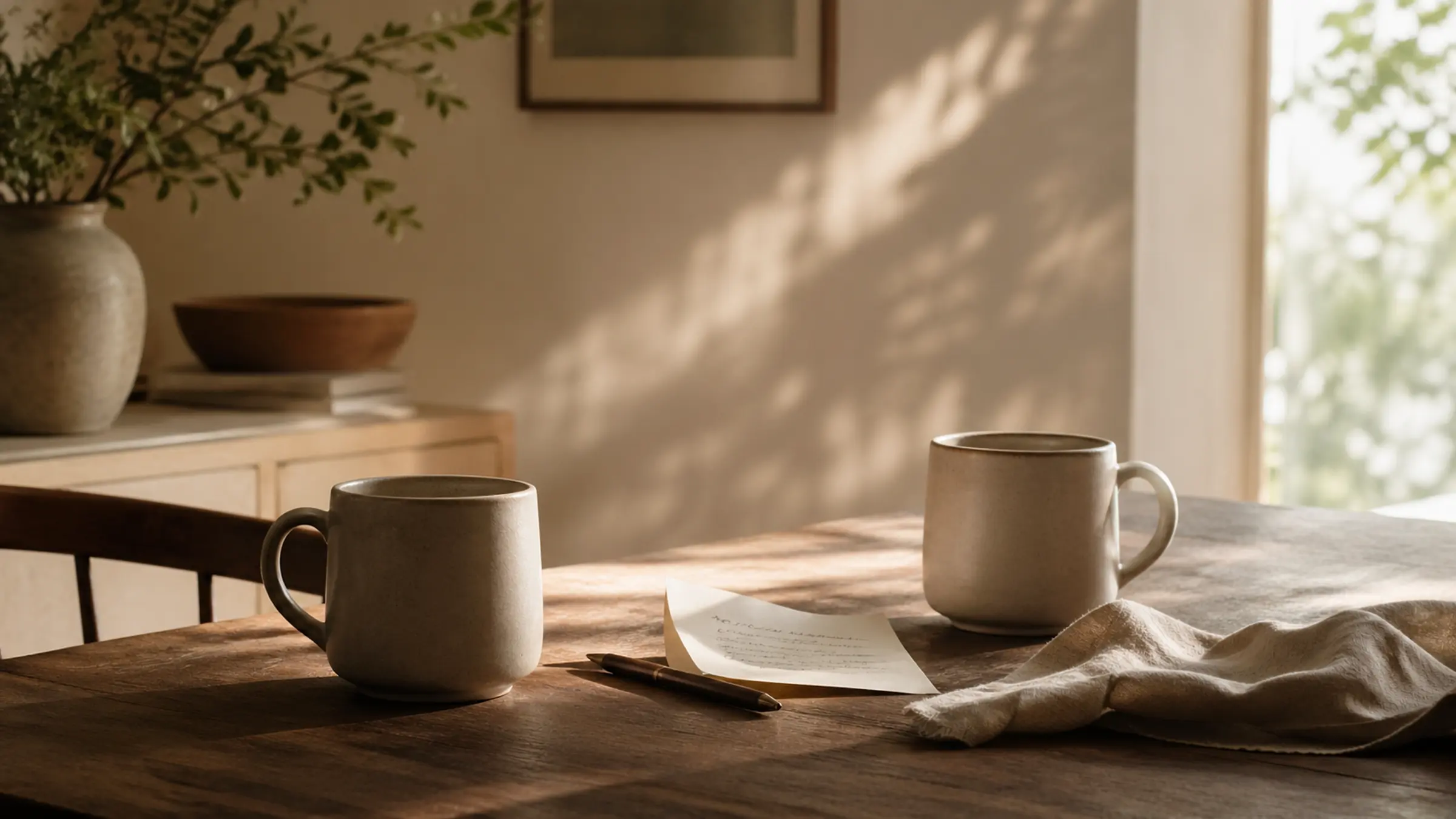 Two ceramic mugs, a folded note, and soft morning light on a kitchen table after a difficult conversation