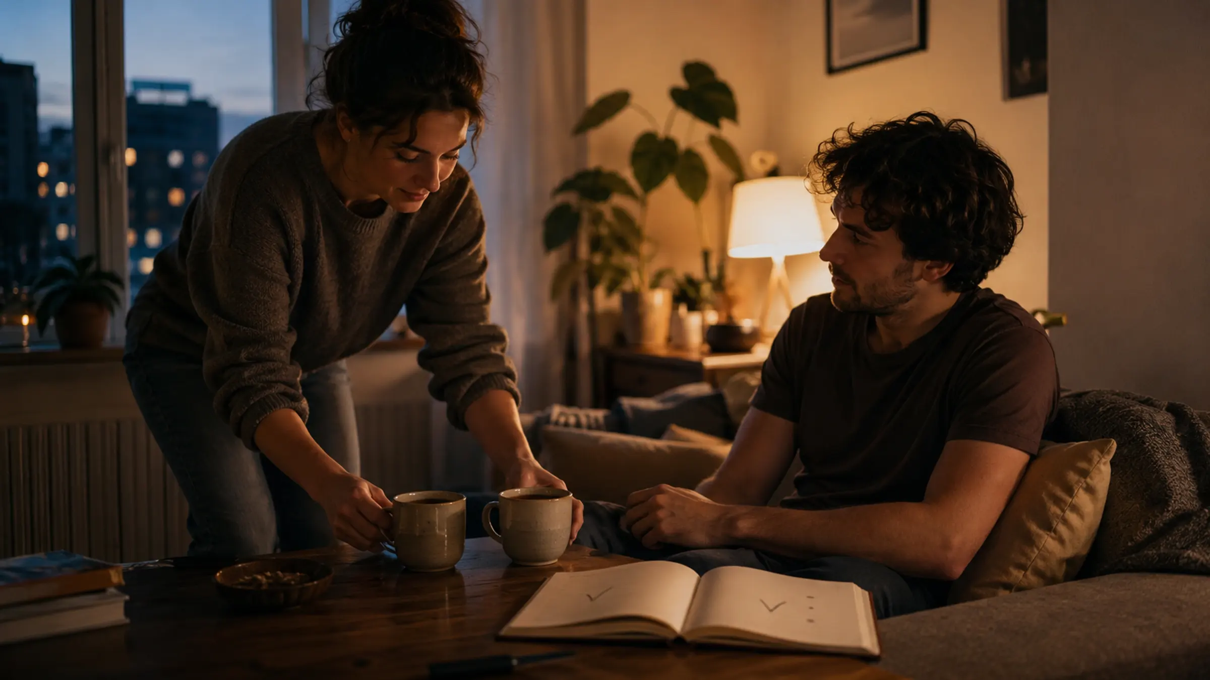 A quiet apartment at dusk with two mugs, an open notebook, and warm light suggesting steady everyday care