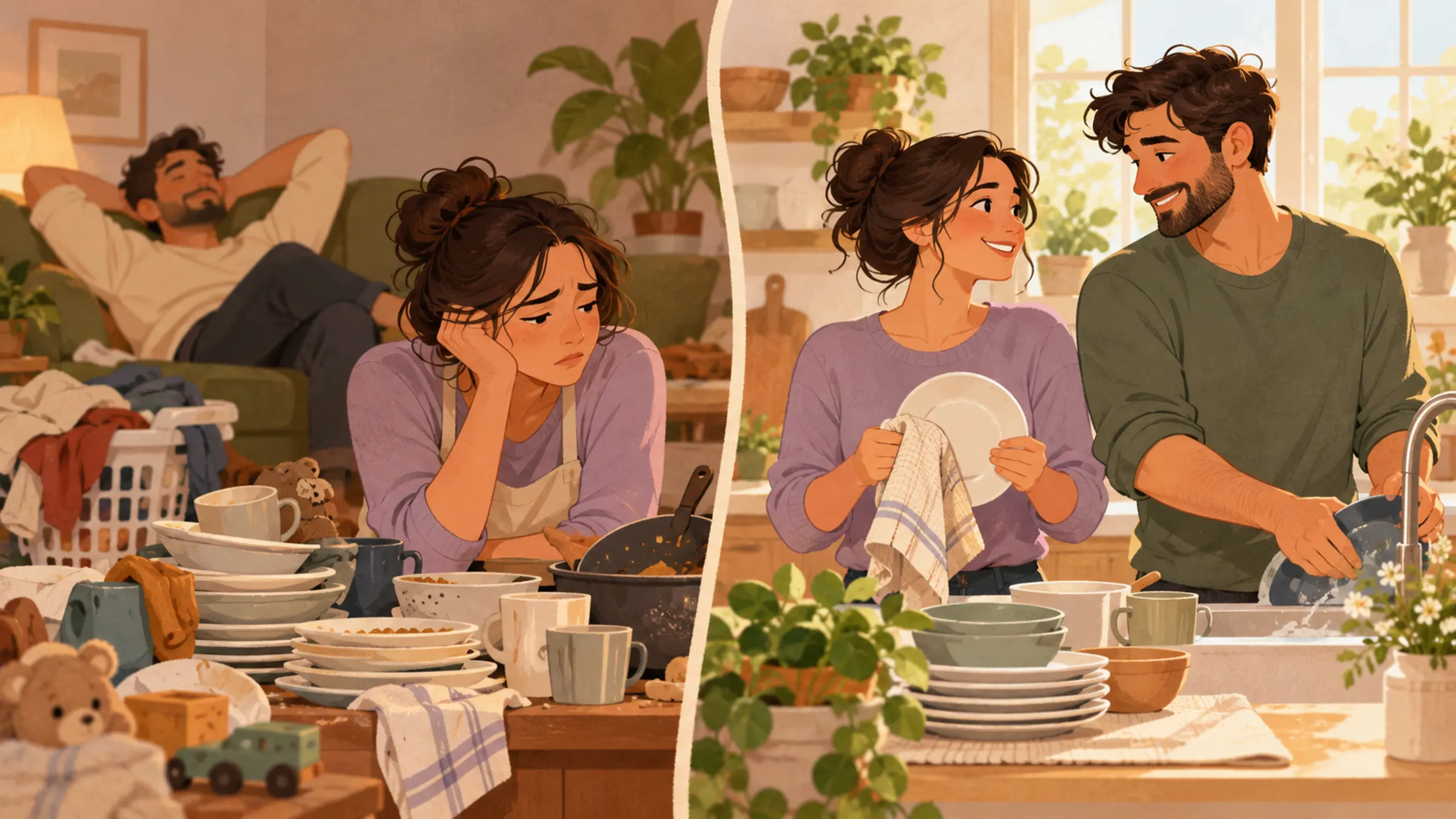 A married couple sharing household plans and listening to each other at a kitchen table