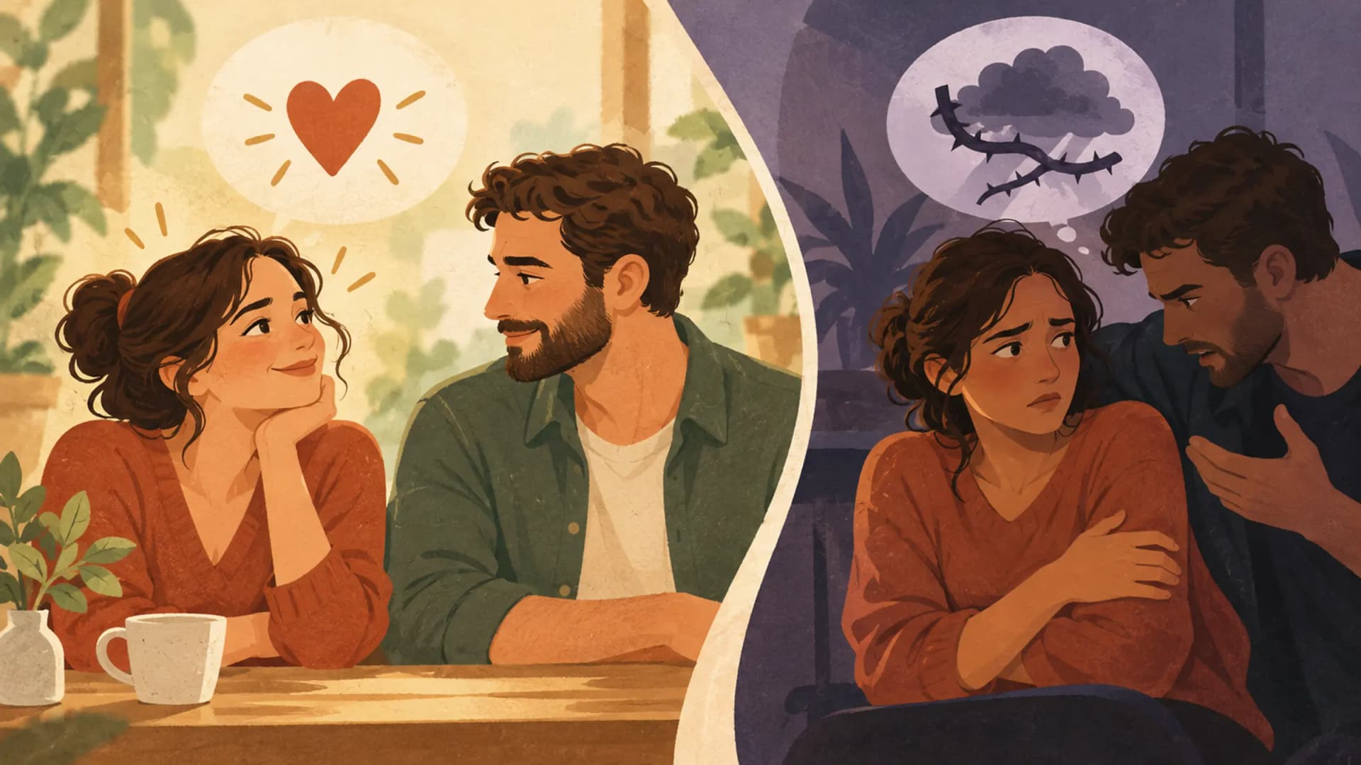 Illustration of two adults talking at a kitchen table