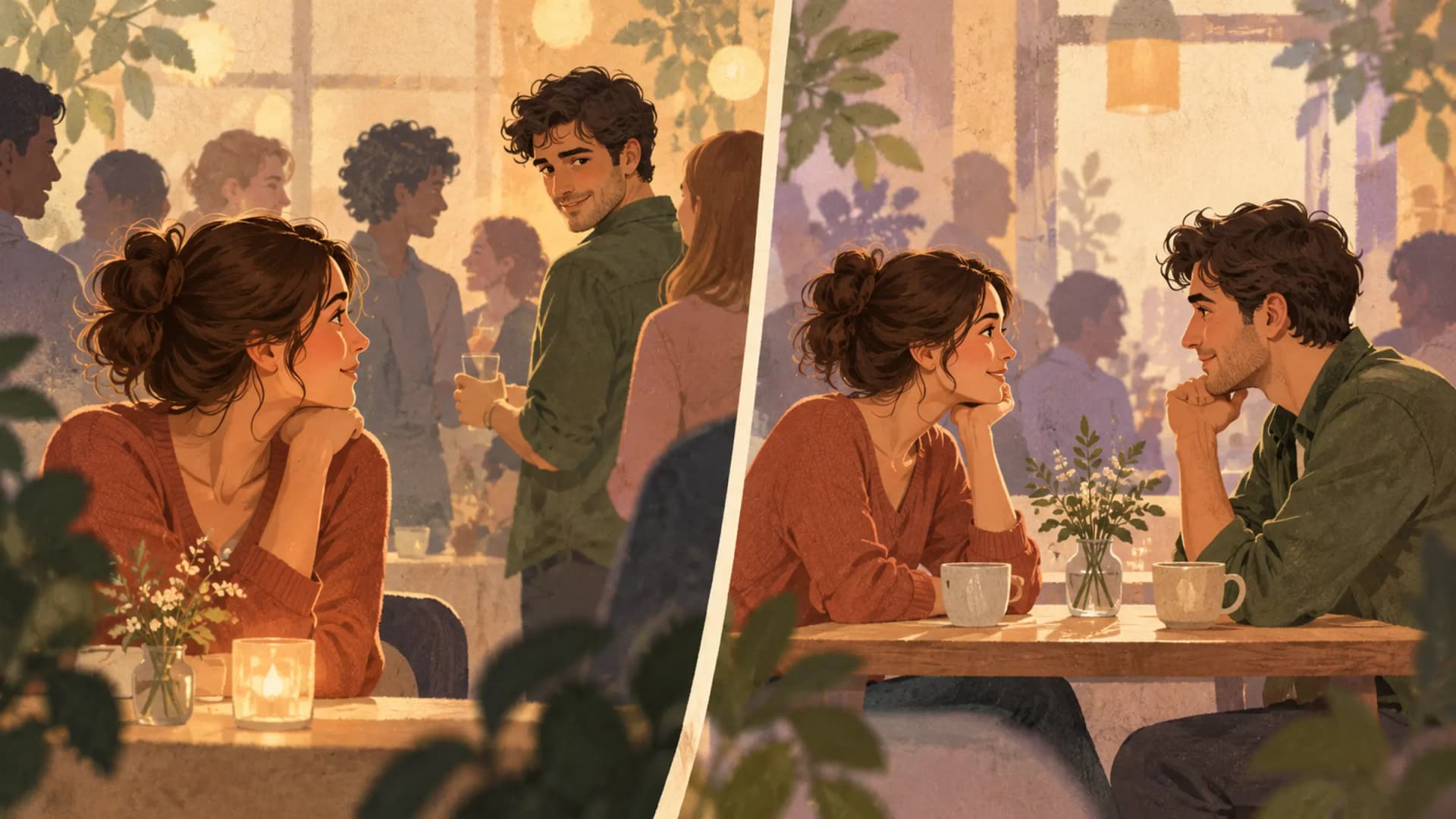 Two people noticing each other for the first time across a softly lit bookstore