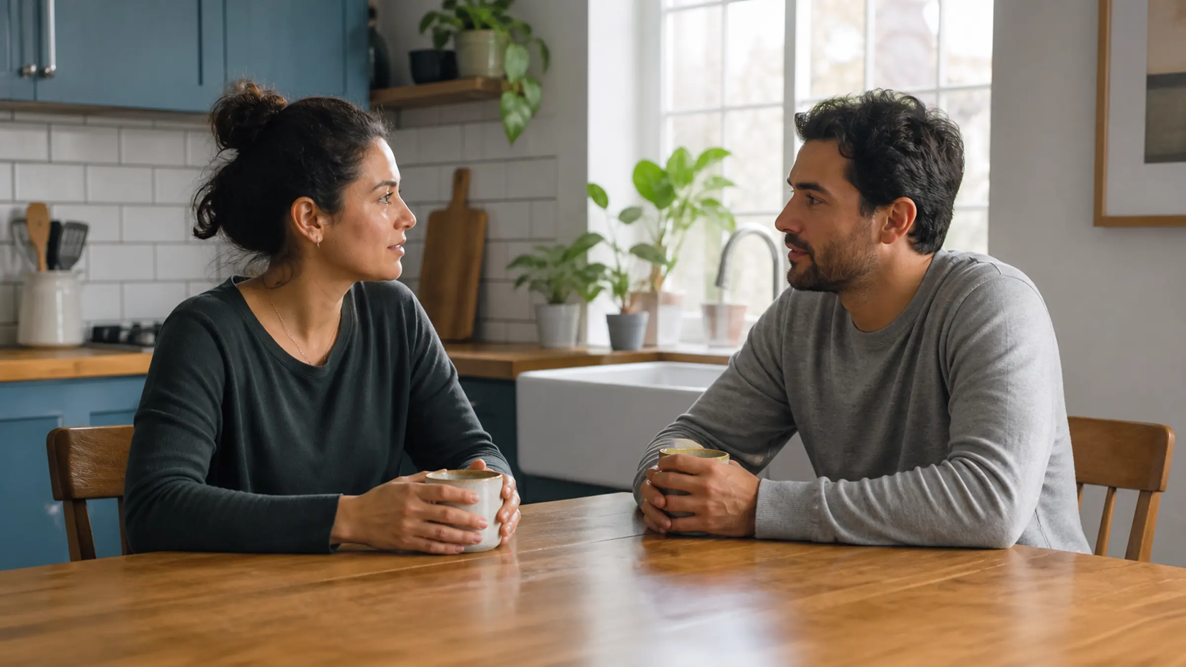 Two partners sitting together with warm drinks, having a calm and honest conversation
