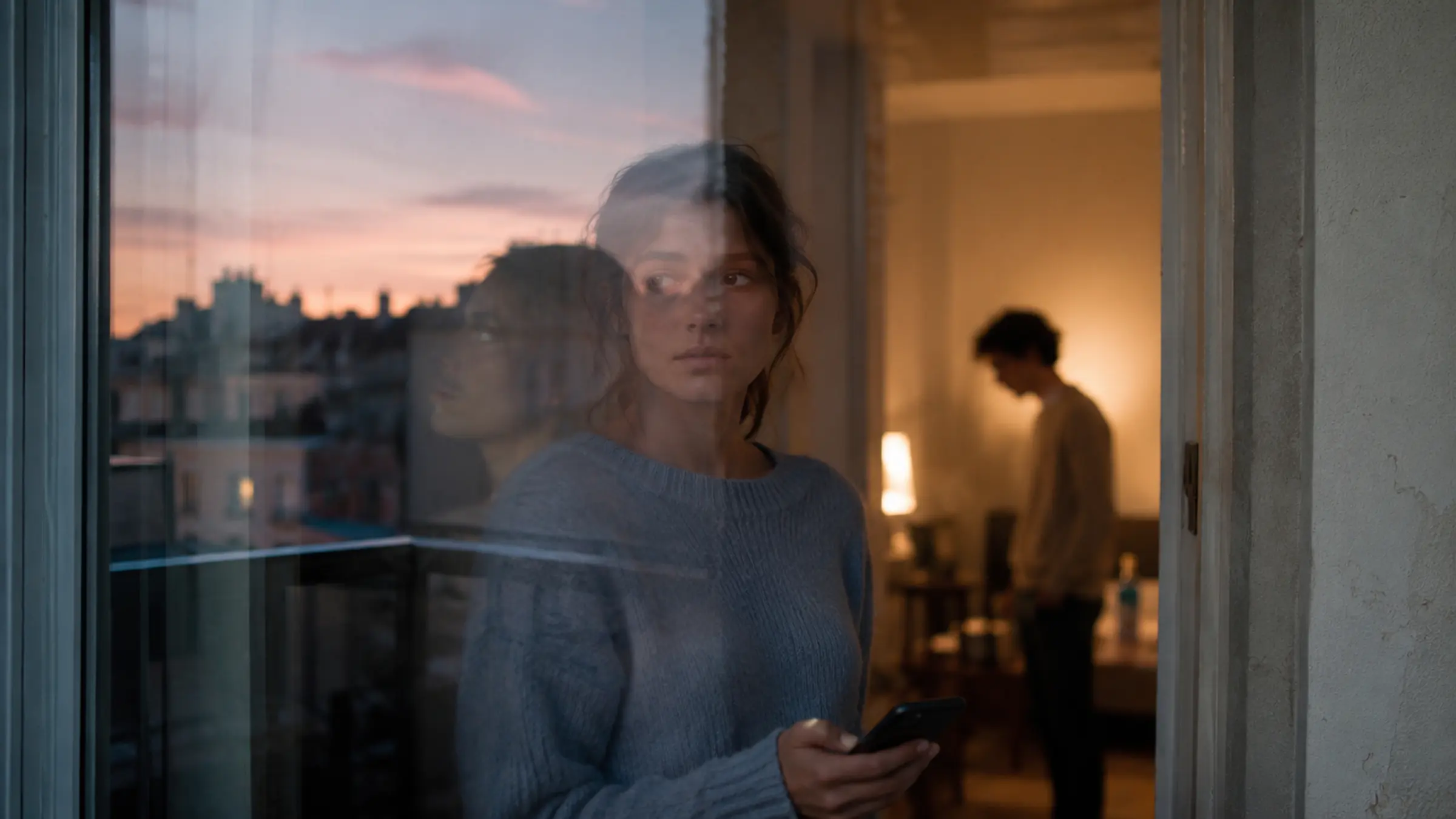 A woman pausing at an apartment doorway with a phone in her hand and a warm silhouette in the next room