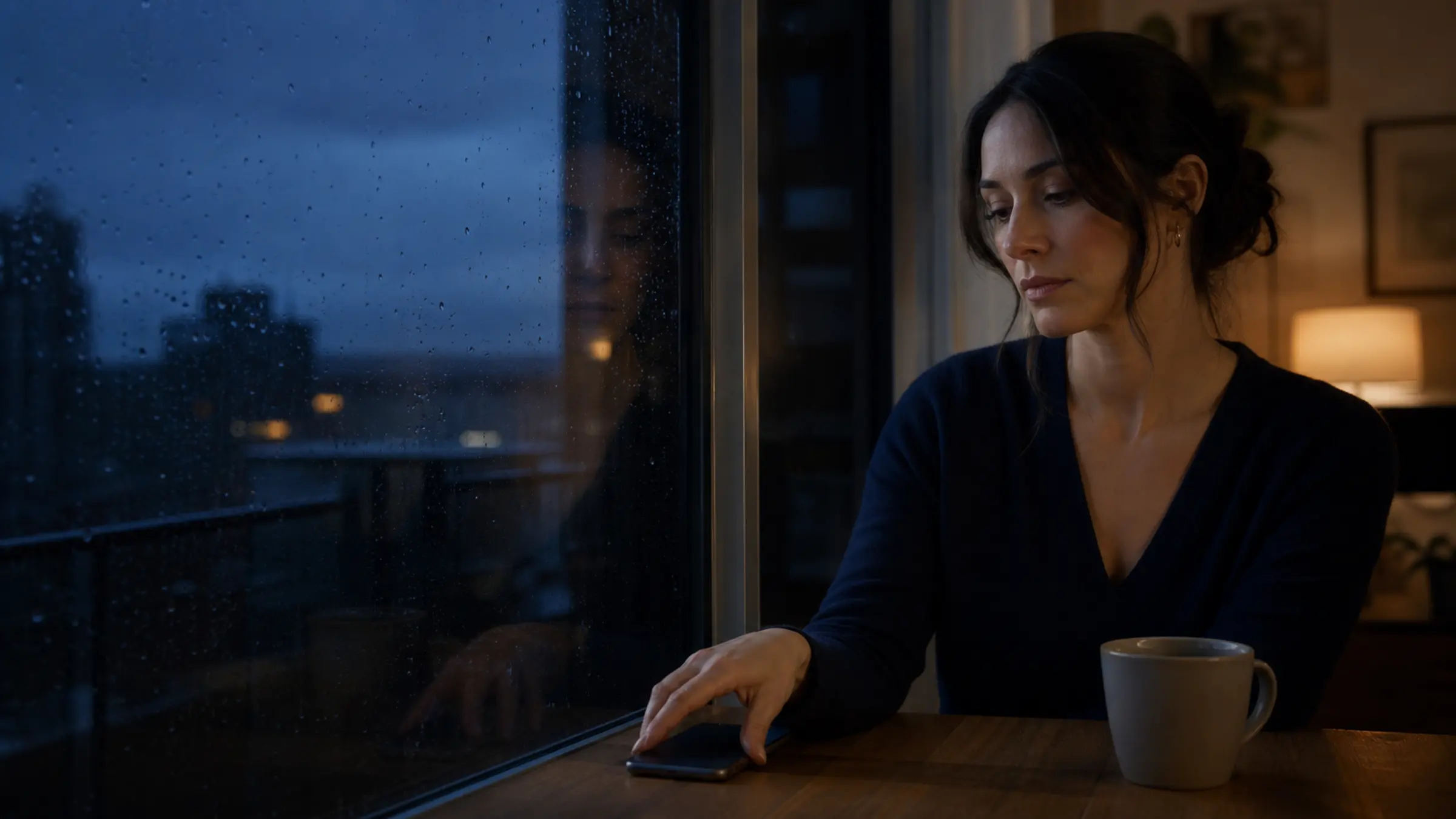 A person pausing beside a window with their phone set down, making space to distinguish calm love from consuming fixation