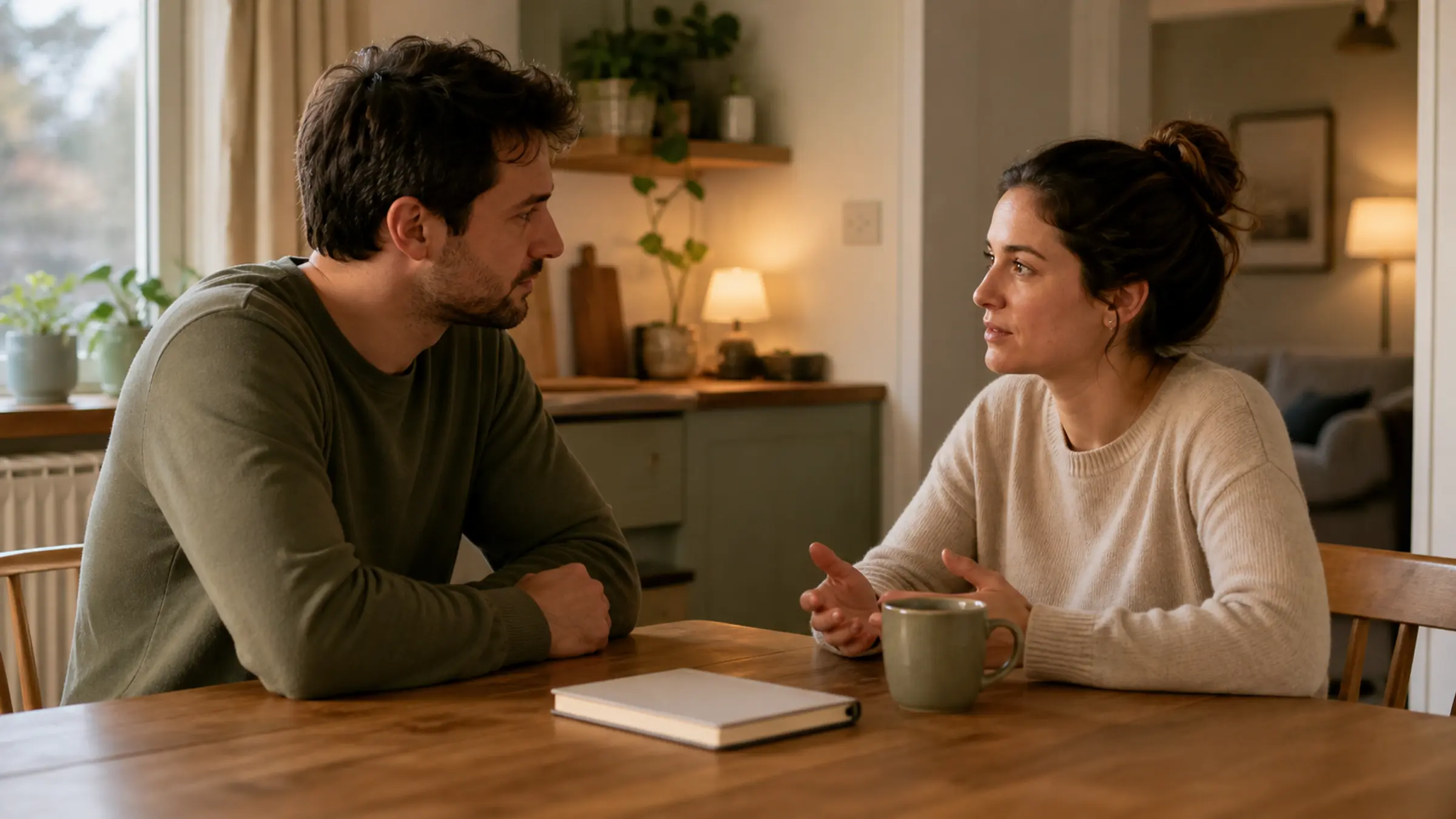 A couple sitting at a kitchen table with tea, pausing before an honest relationship conversation