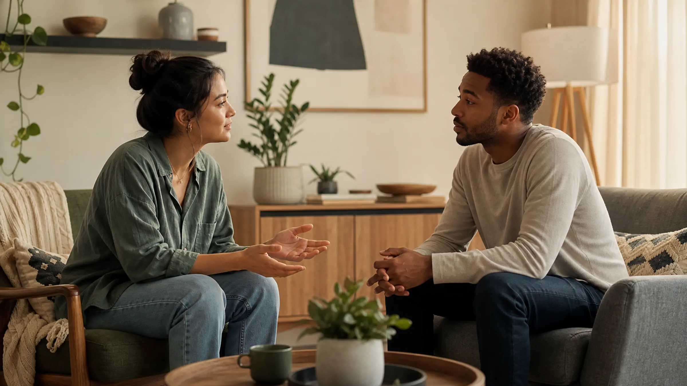 A couple calmly noticing a repeating relationship pattern during a conversation