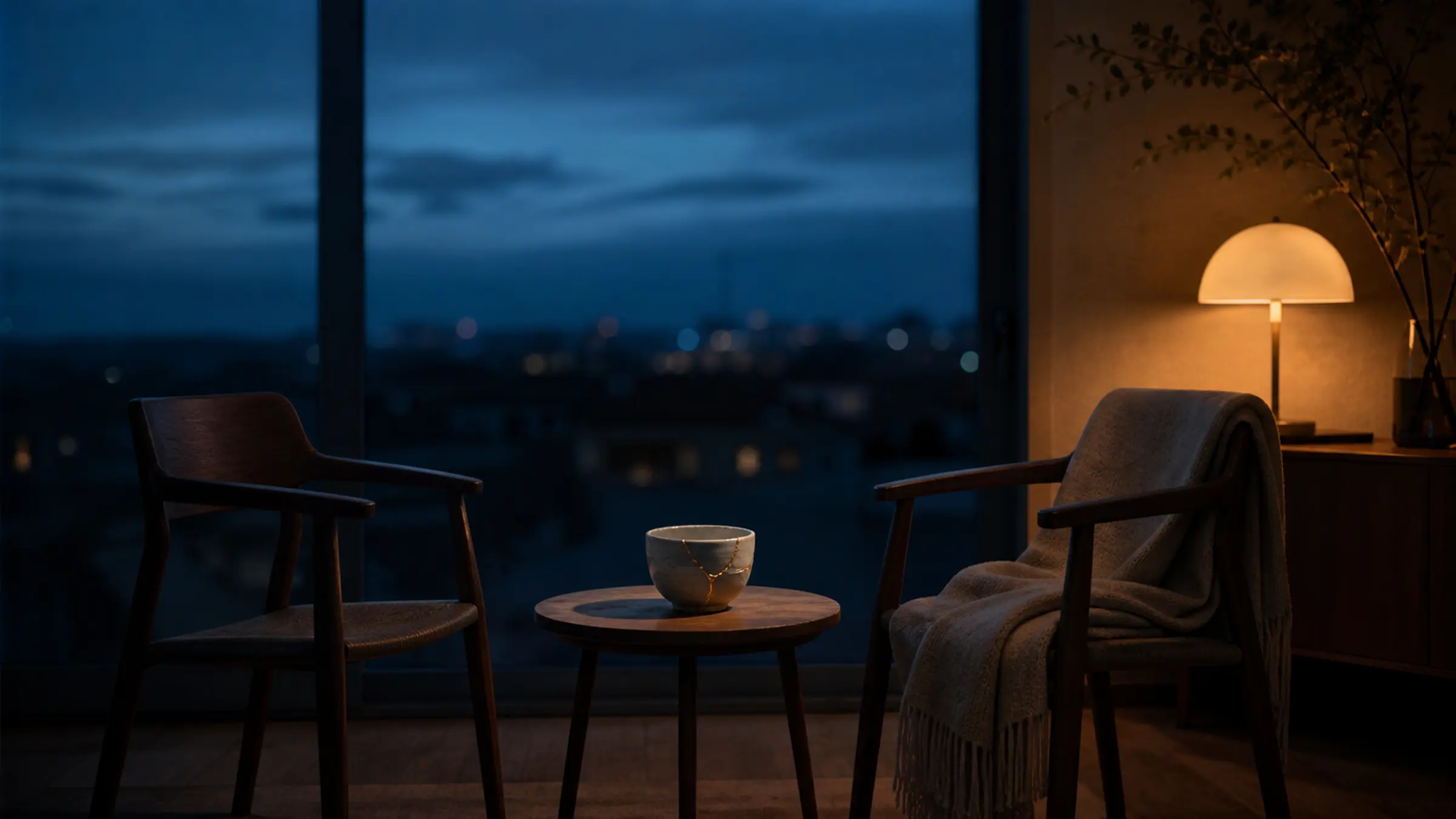 Two empty chairs by a window at dusk with a warm lamp and a repaired ceramic cup between them