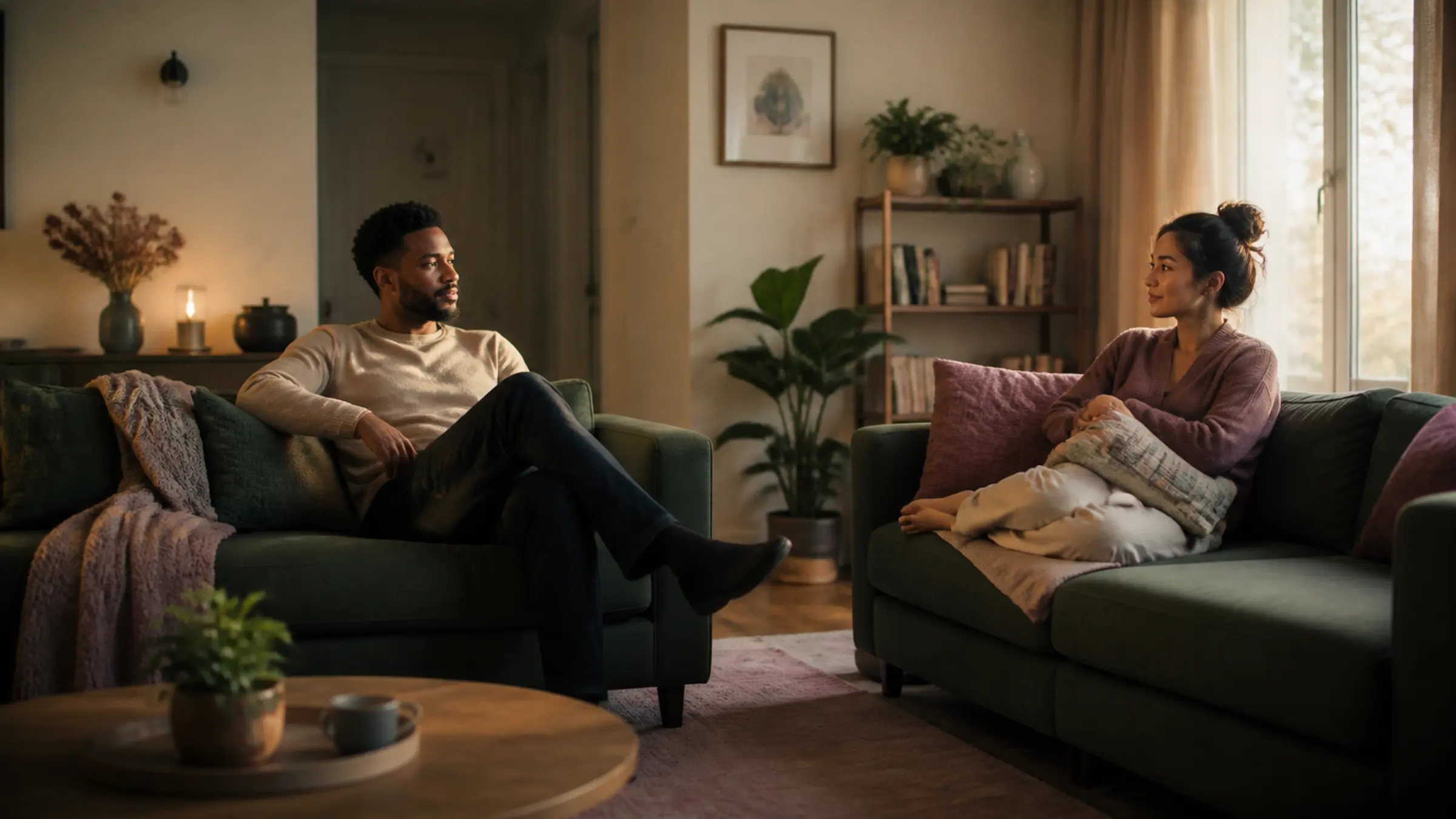 A couple having a calm, private conversation about honesty and trust