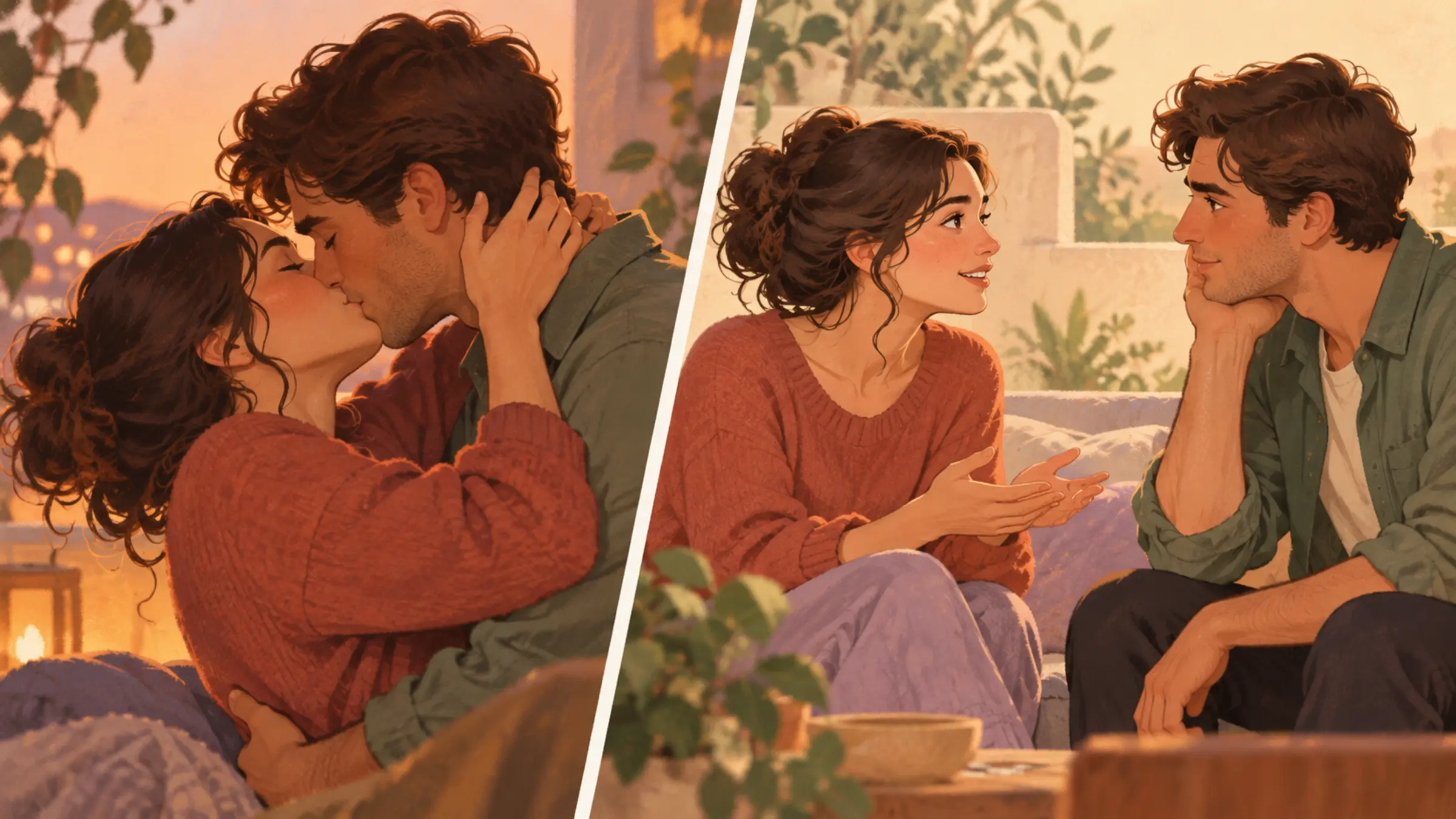 Two adults holding hands and smiling at each other on a garden bench