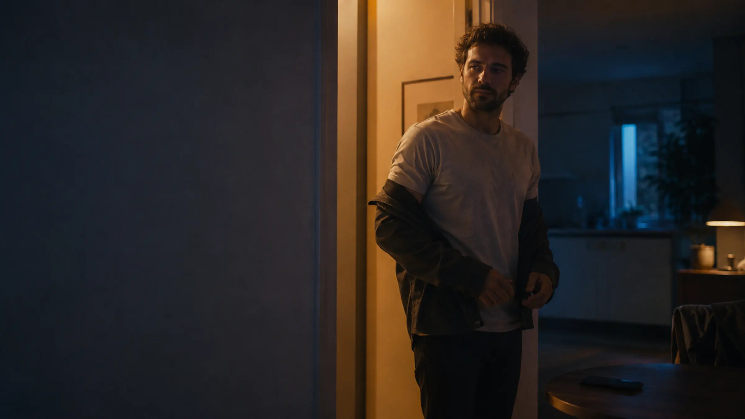 A cinematic quiet evening scene with a man pausing in warm doorway light before a difficult conversation