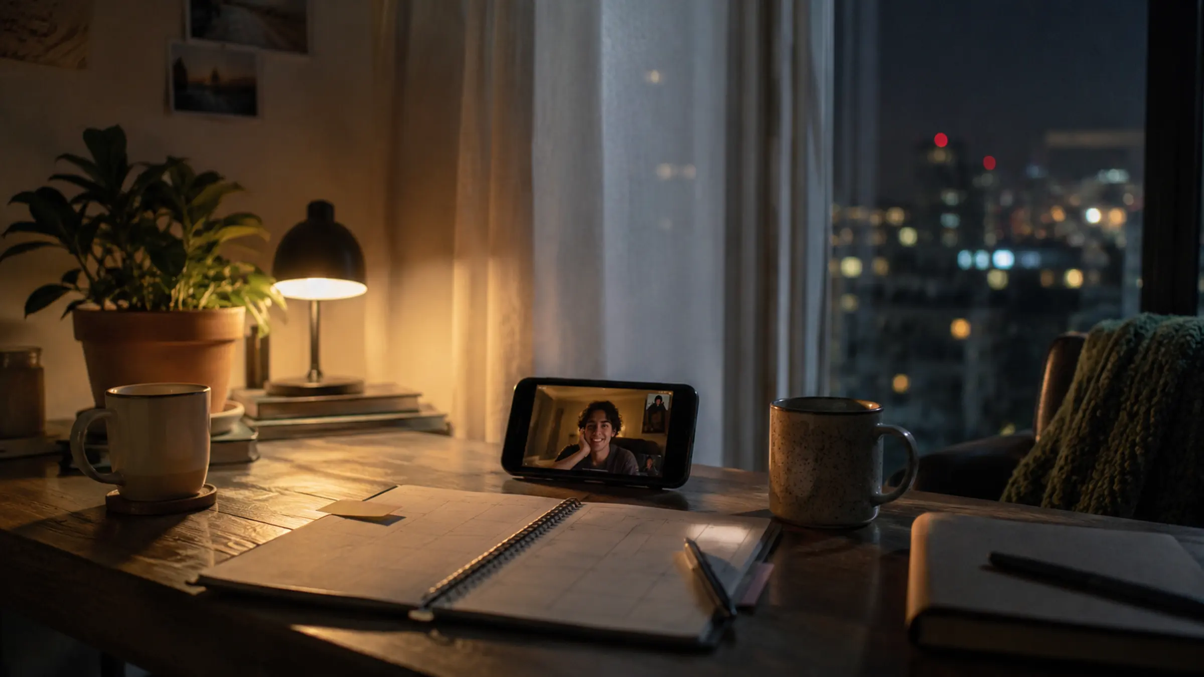 A quiet desk at night with a phone, calendar, two mugs, and soft window light suggesting a long-distance relationship check-in