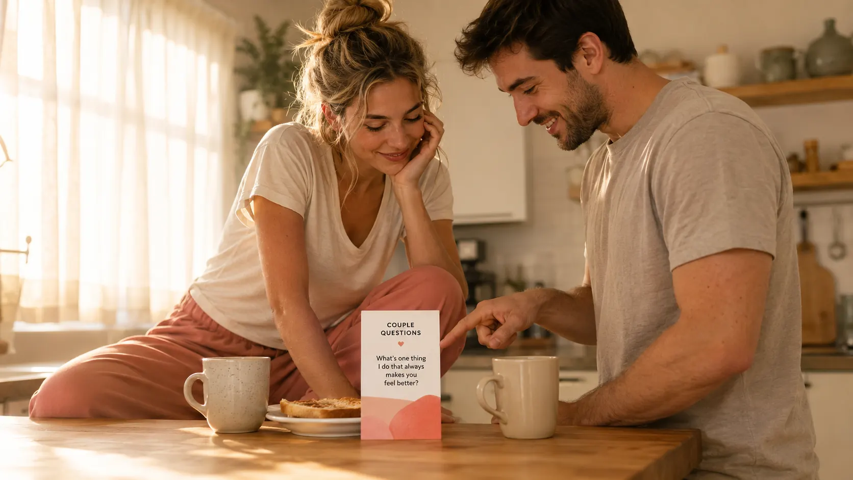 A couple reading a daily question card in a warm kitchen