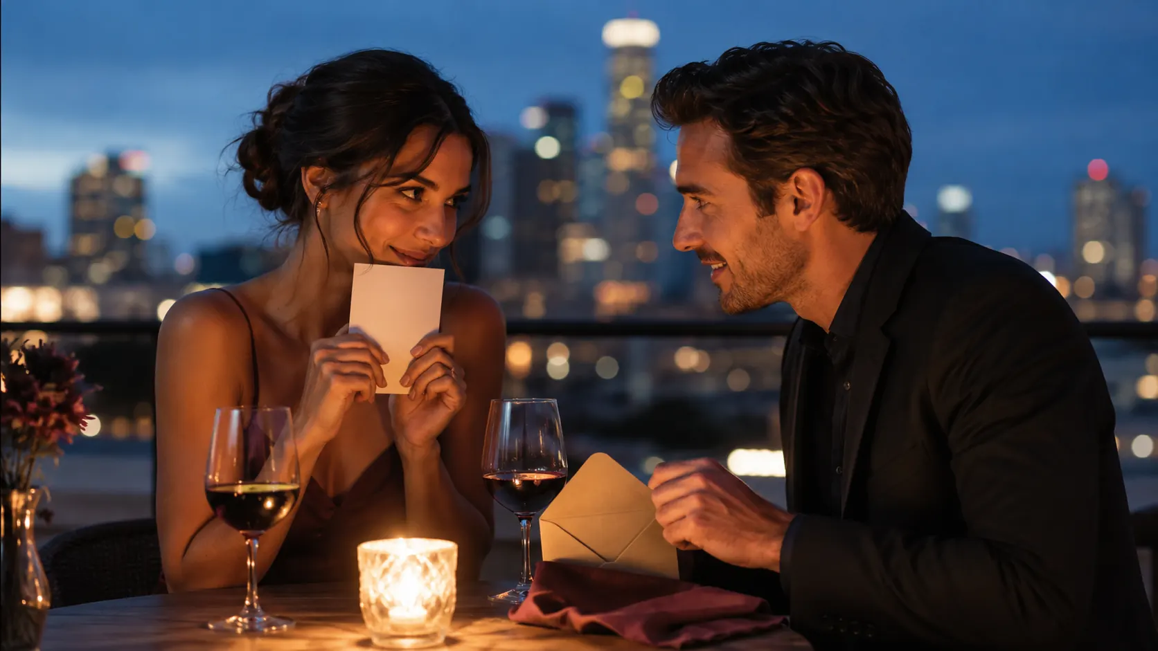 A couple playing a confess and guess date-night question game