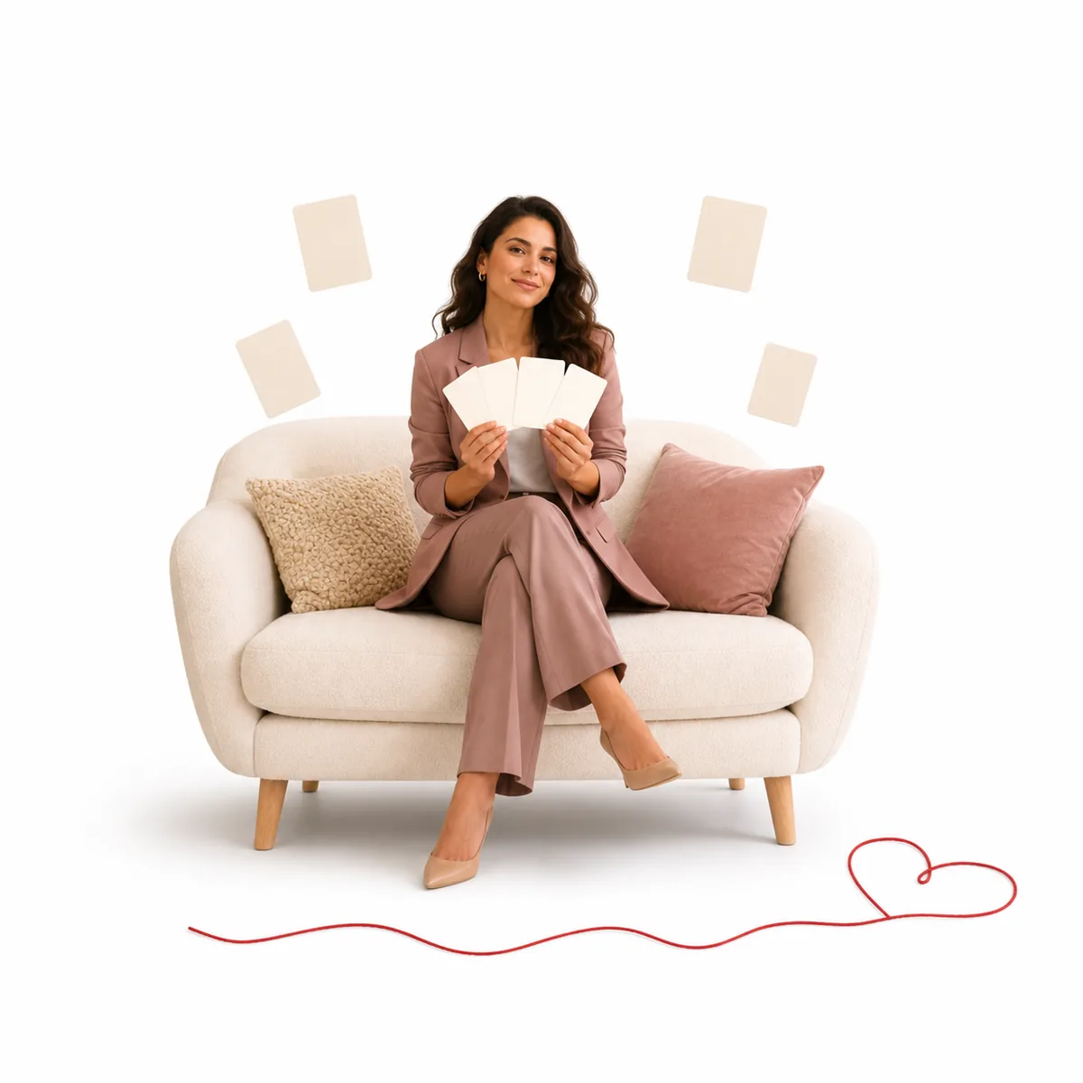 A woman holding love personality cards on a white sofa with a red thread heart
