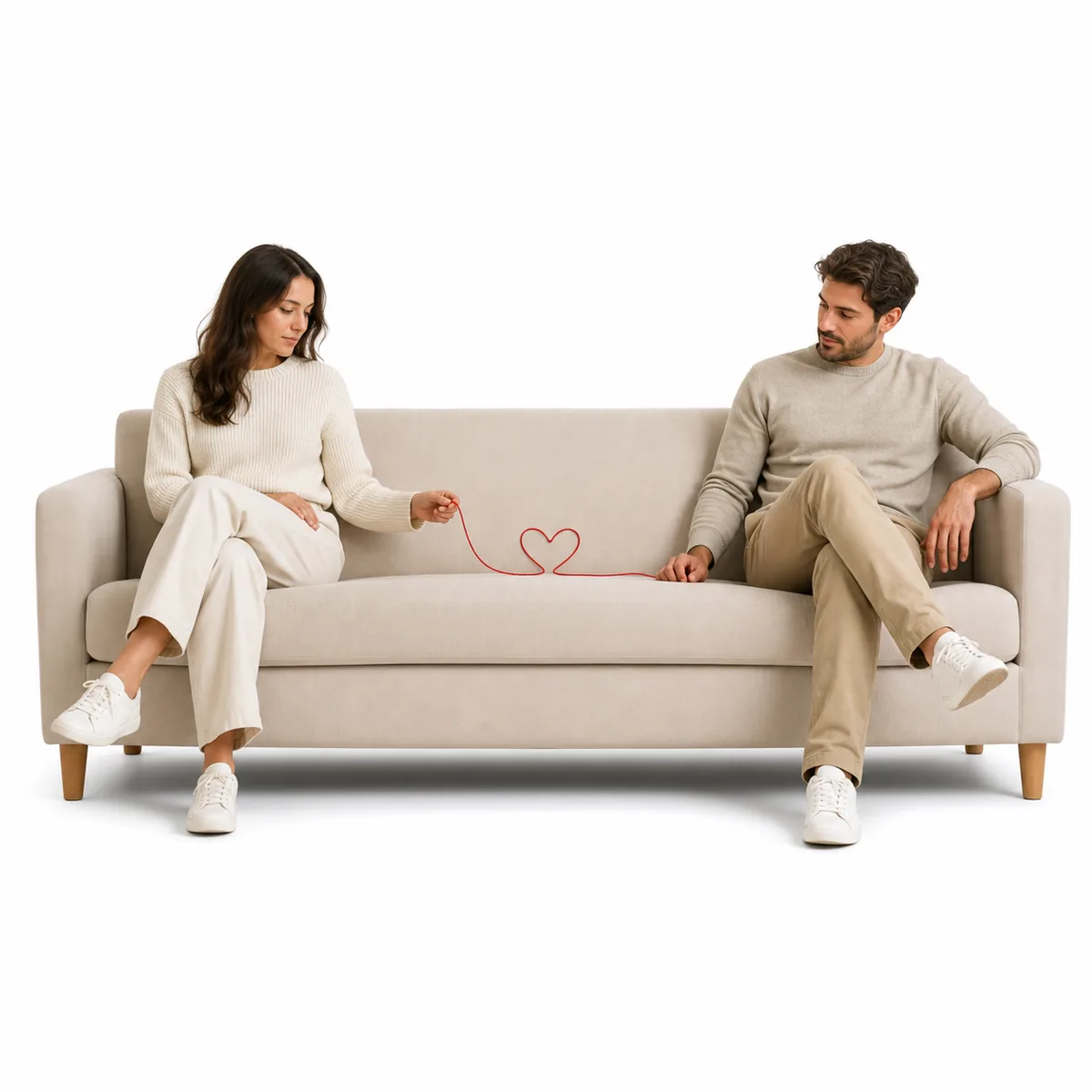A couple sitting apart on a light sofa with a loose red thread forming an unfinished heart