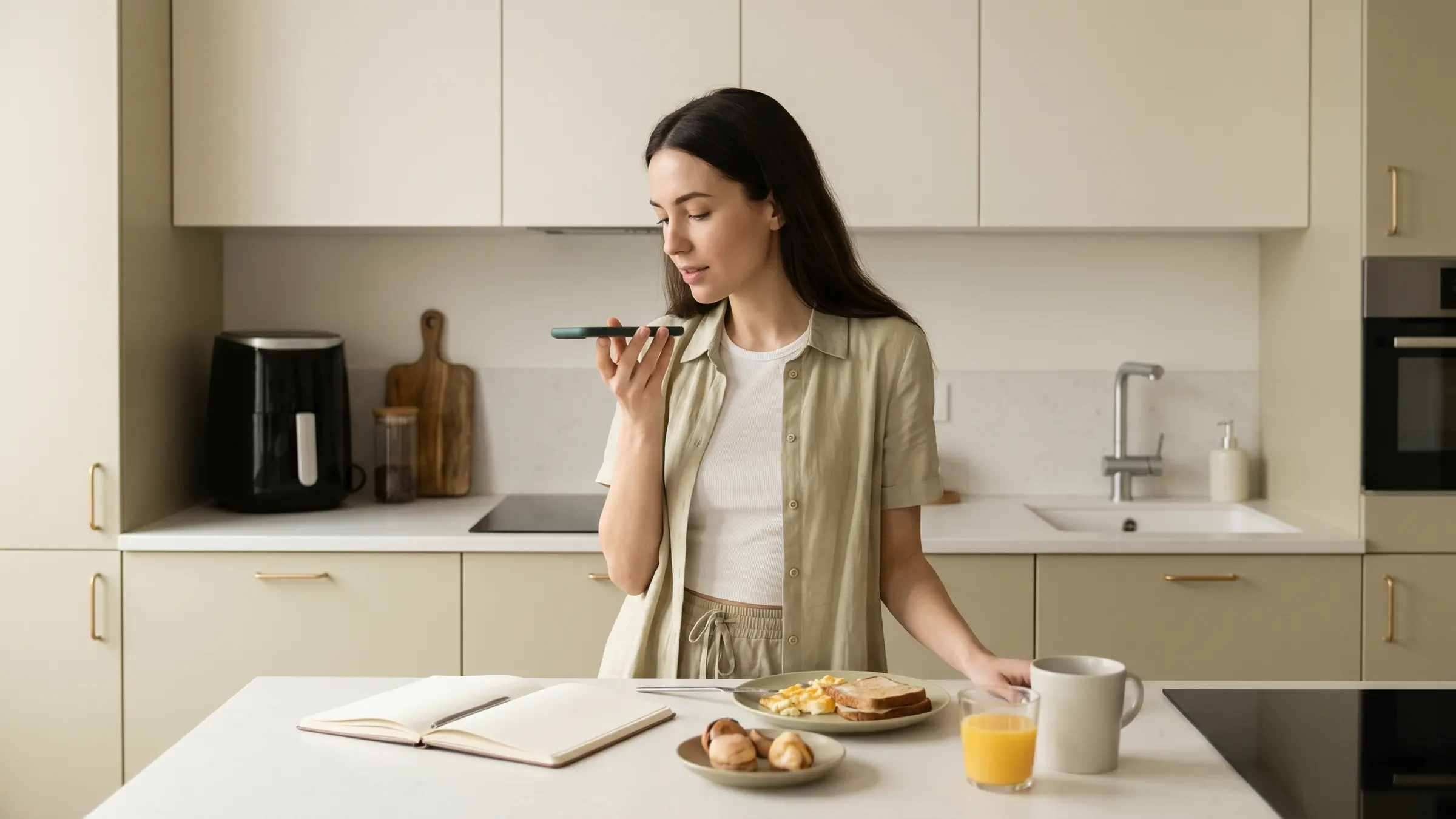 A woman in a calm kitchen listening to a voice note with a notebook nearby
