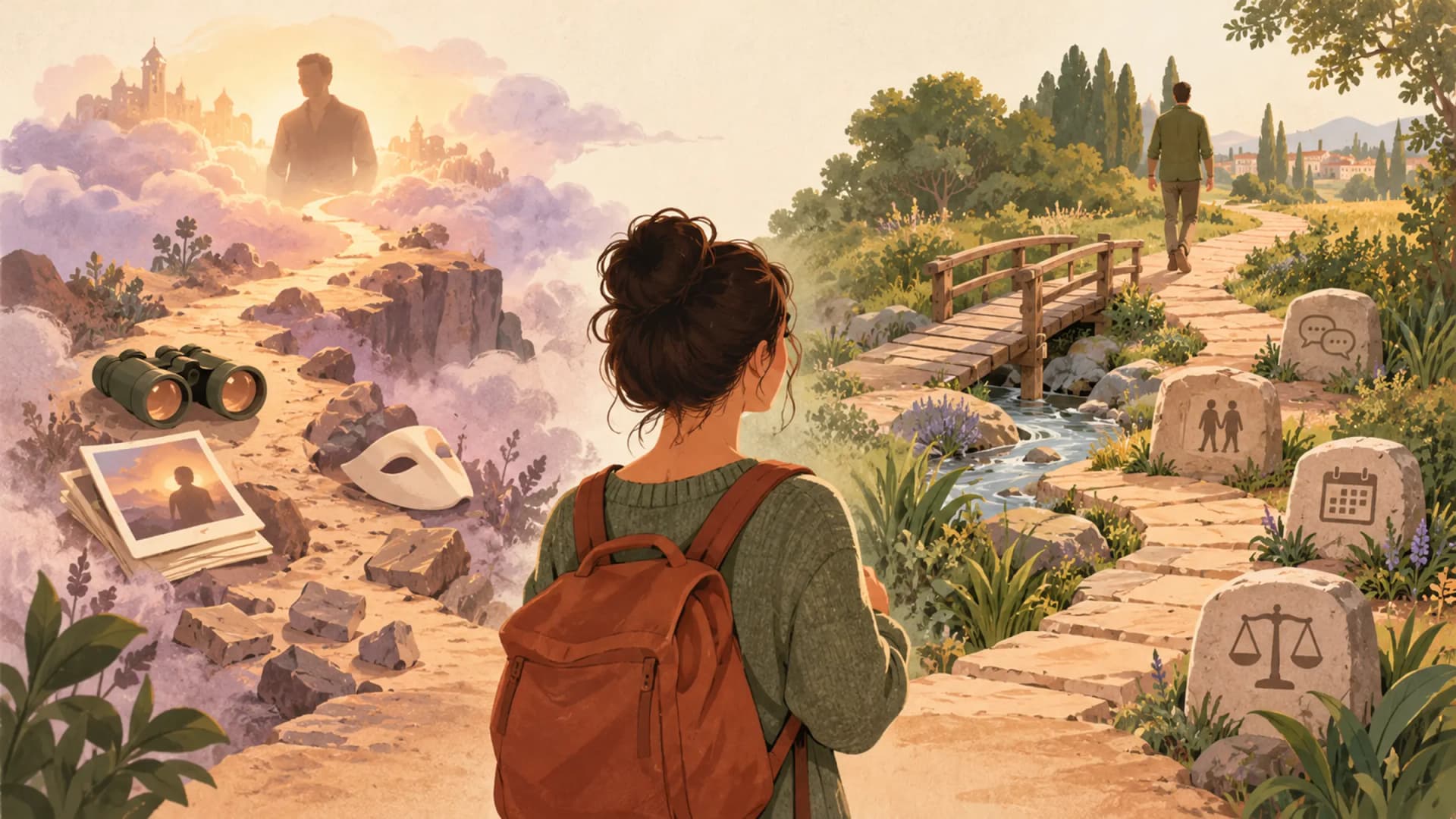 A woman looks beyond a distant fantasy toward a path marked by everyday choices and values.