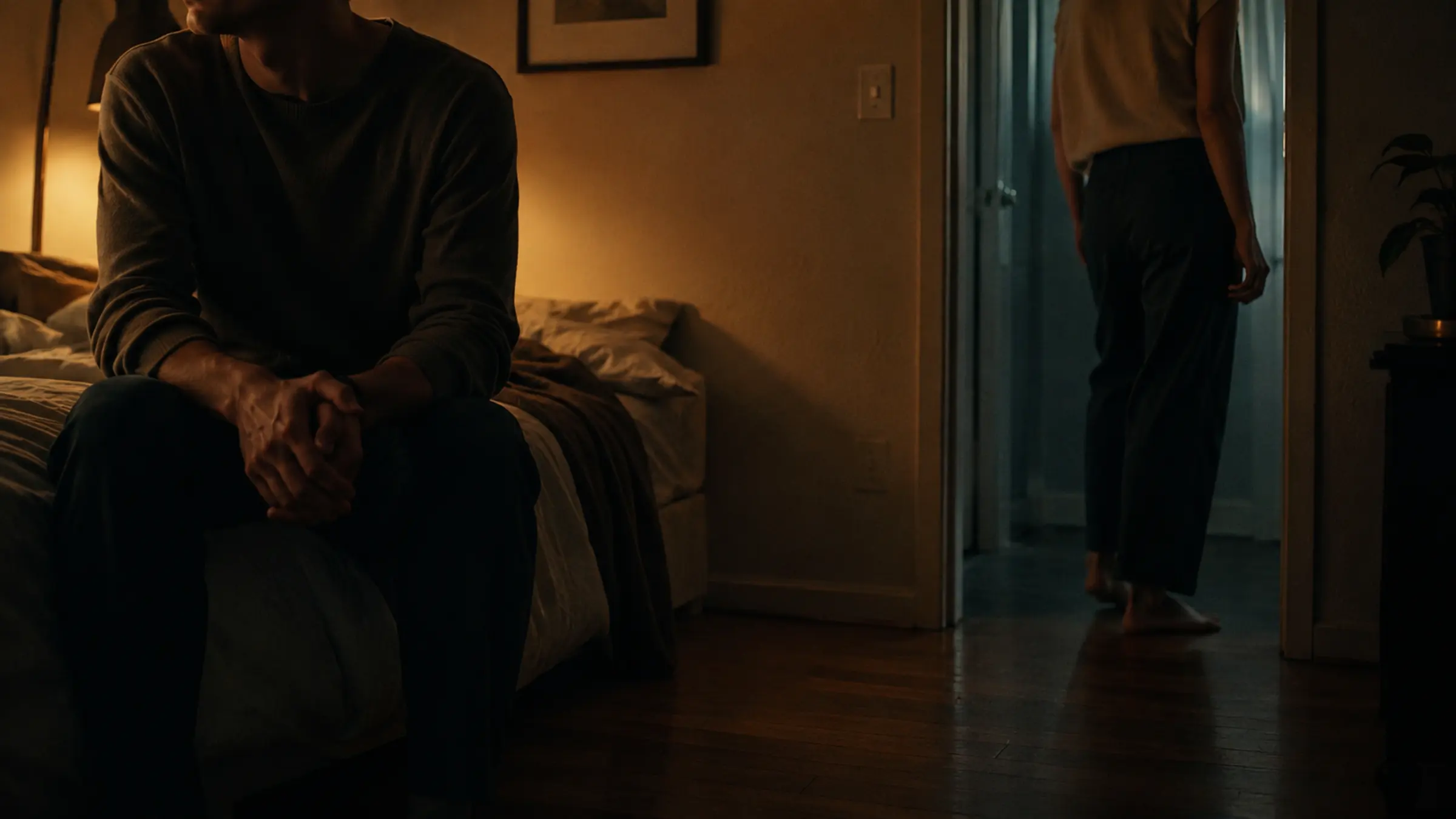 Two people sitting close after an argument, hands almost touching, warm low light, intimate quiet tension