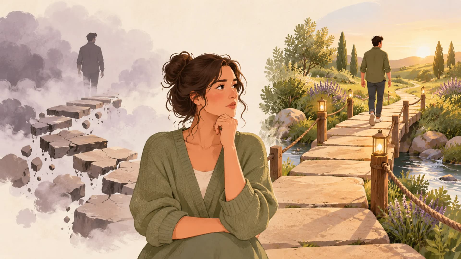 A woman compares a cloudy imagined figure with an observable path of consistent actions.
