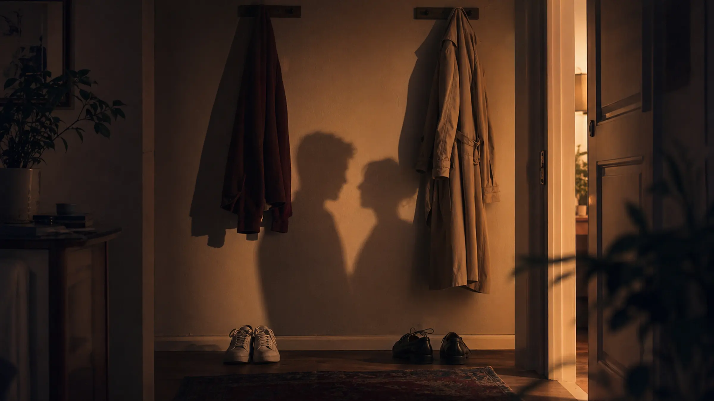 A cinematic apartment hallway with two coats, a half-open warm door, and overlapping shadows that almost meet
