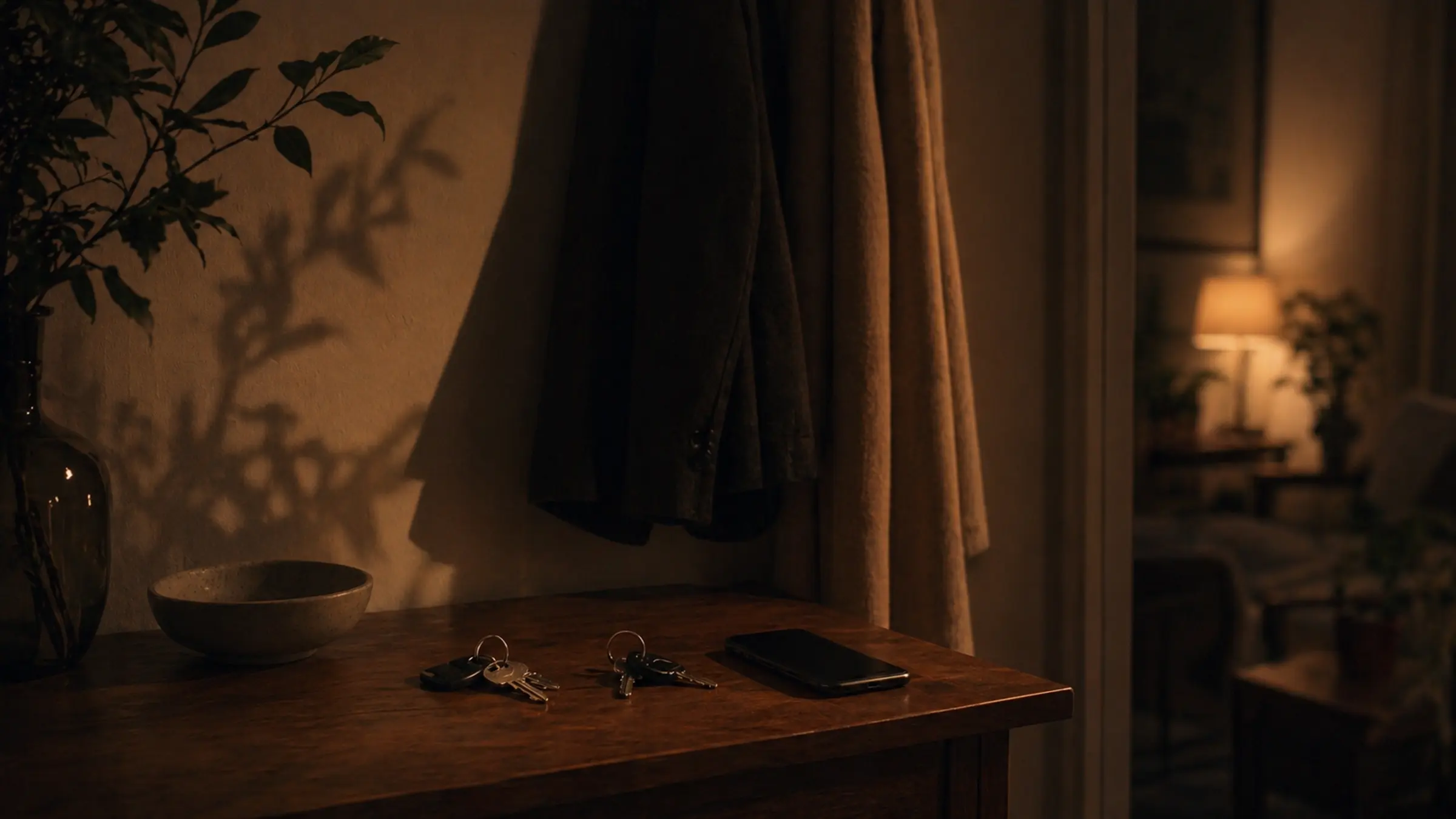 A quiet entry table with keys, coats, and soft plant shadows suggesting emotional closeness and uncertainty
