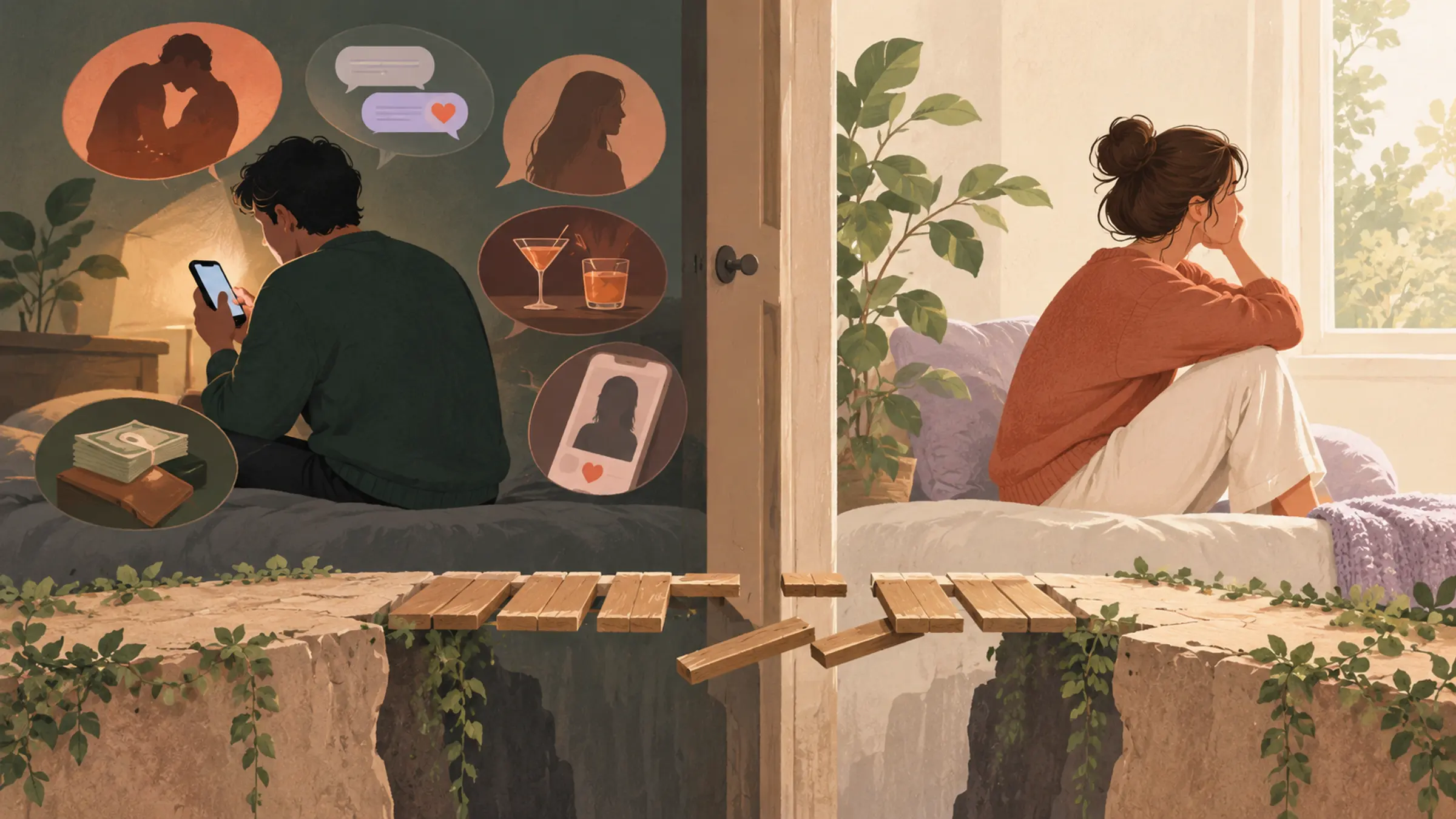 A person hides a phone while symbols of different relationship boundaries appear overhead.