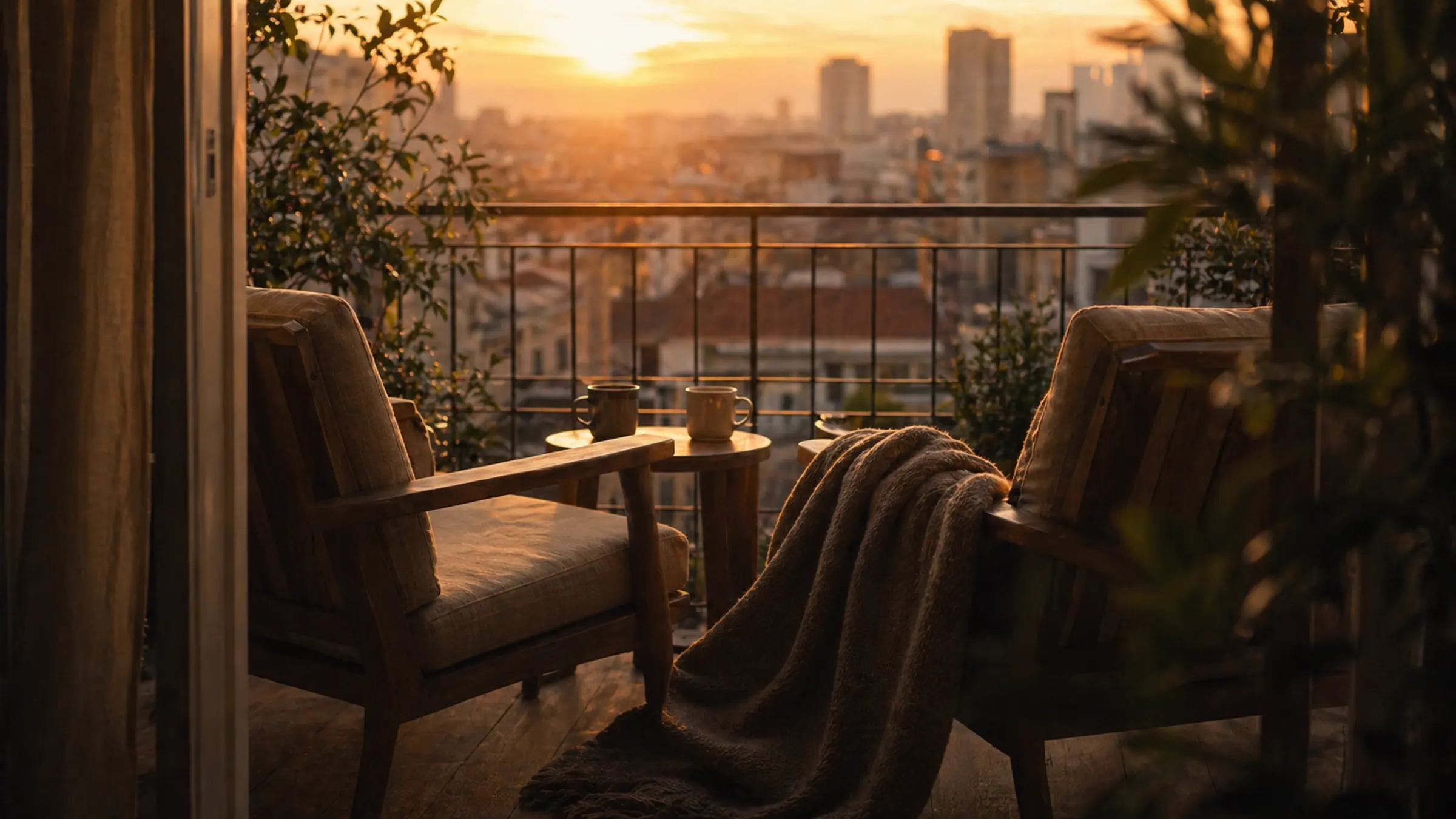 Two empty chairs by a balcony at dawn with a blanket crossing the space between them