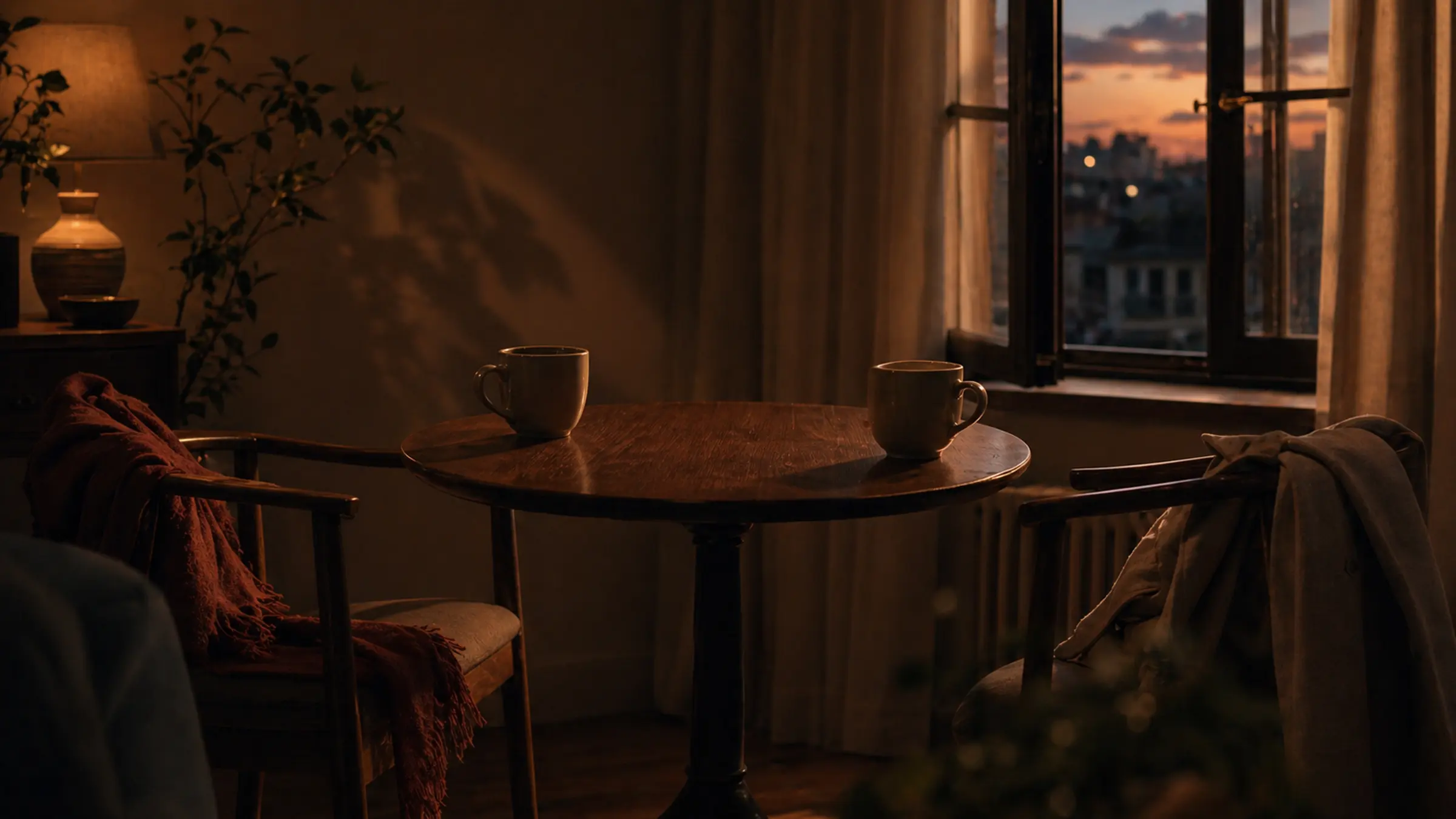 Two mugs set unevenly apart on a small table under dusk light and crossing shadows