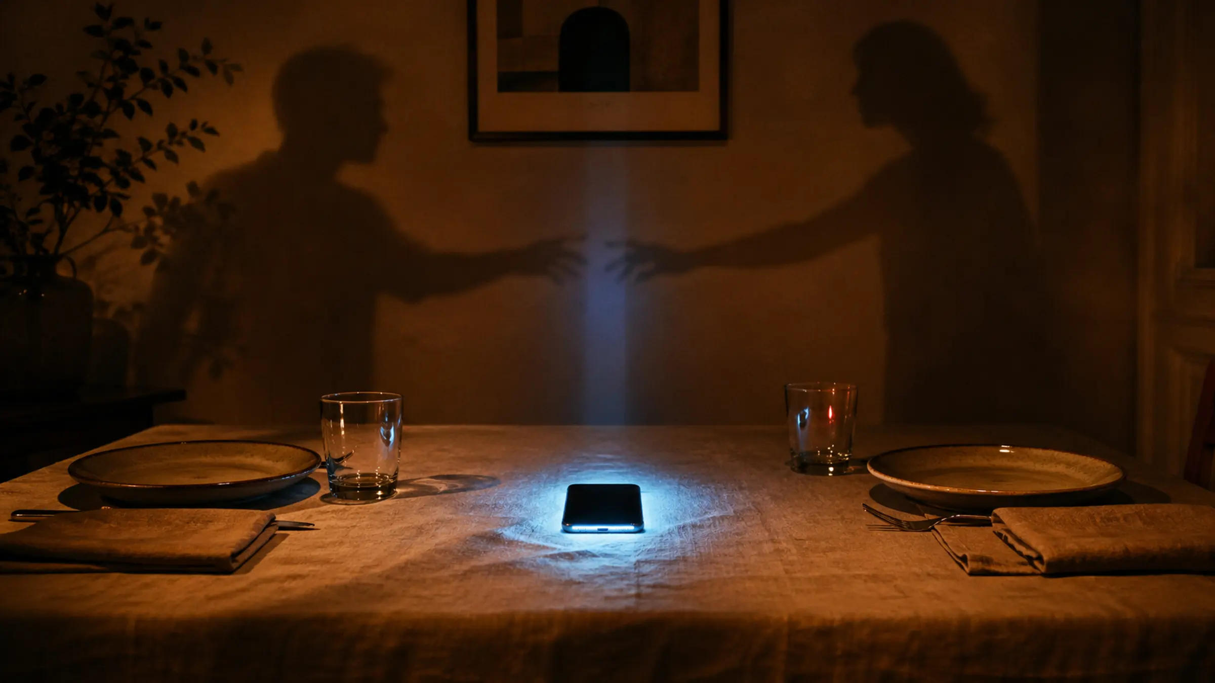 A cold blue phone glow on a dark dinner table between two untouched place settings
