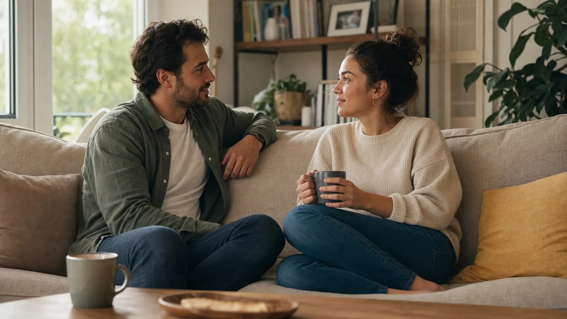 A couple having a calm face-to-face conversation as closeness grows through consistent attention