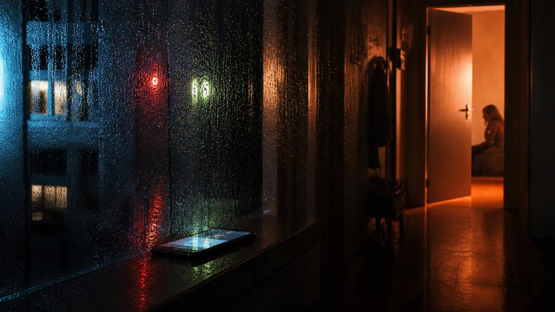 A dark hallway with a phone screen glowing through rain-streaked glass, split by red and green reflected light