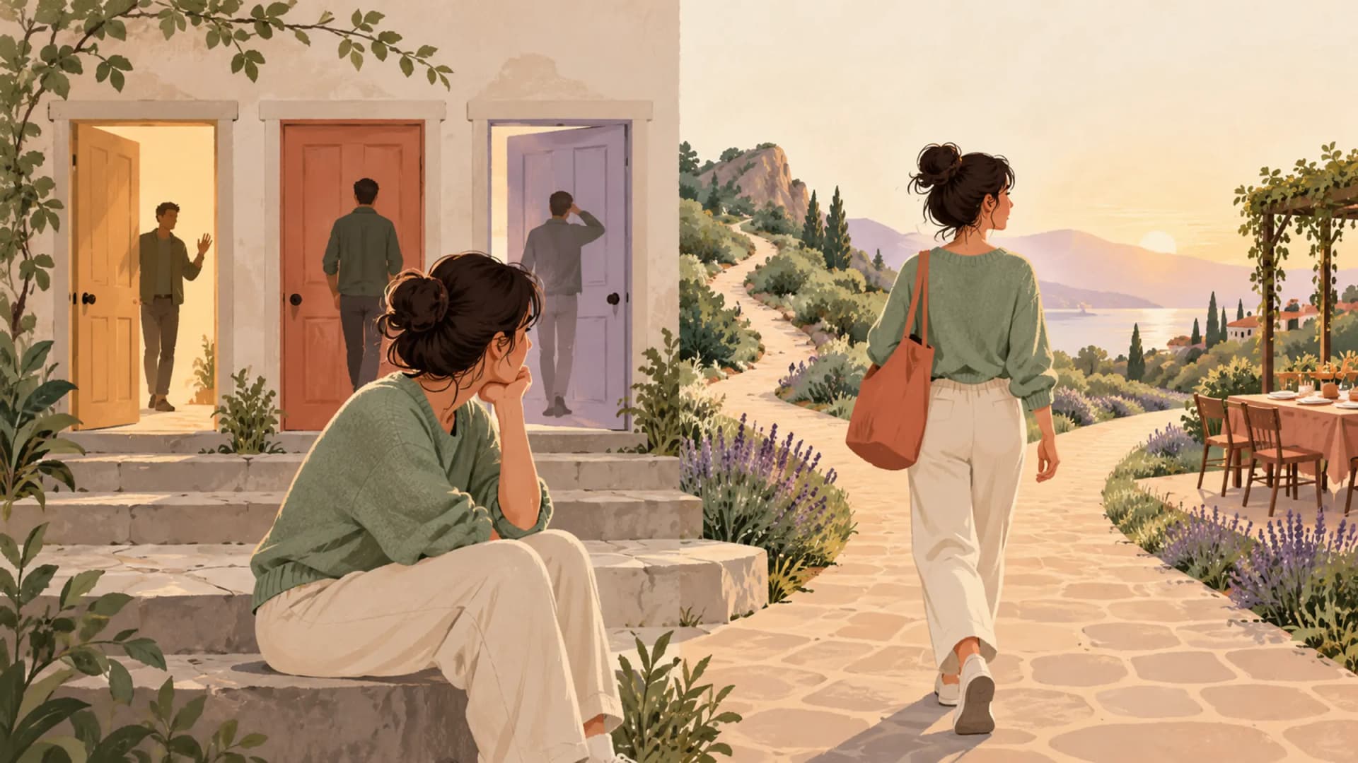 A woman pauses at several ambiguous doorways before choosing a clearer path forward.