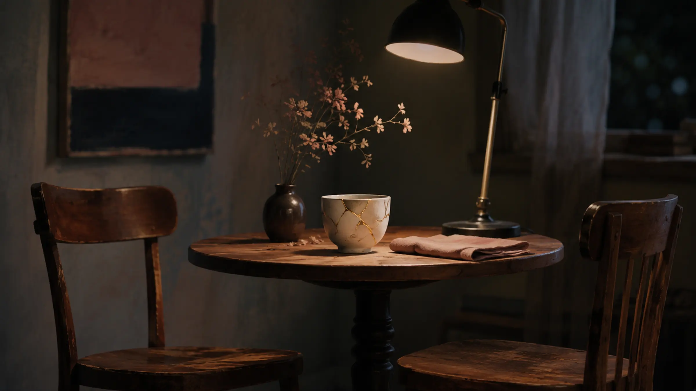 Two chairs separated by a small table with a cracked cup repaired in gold under quiet evening light