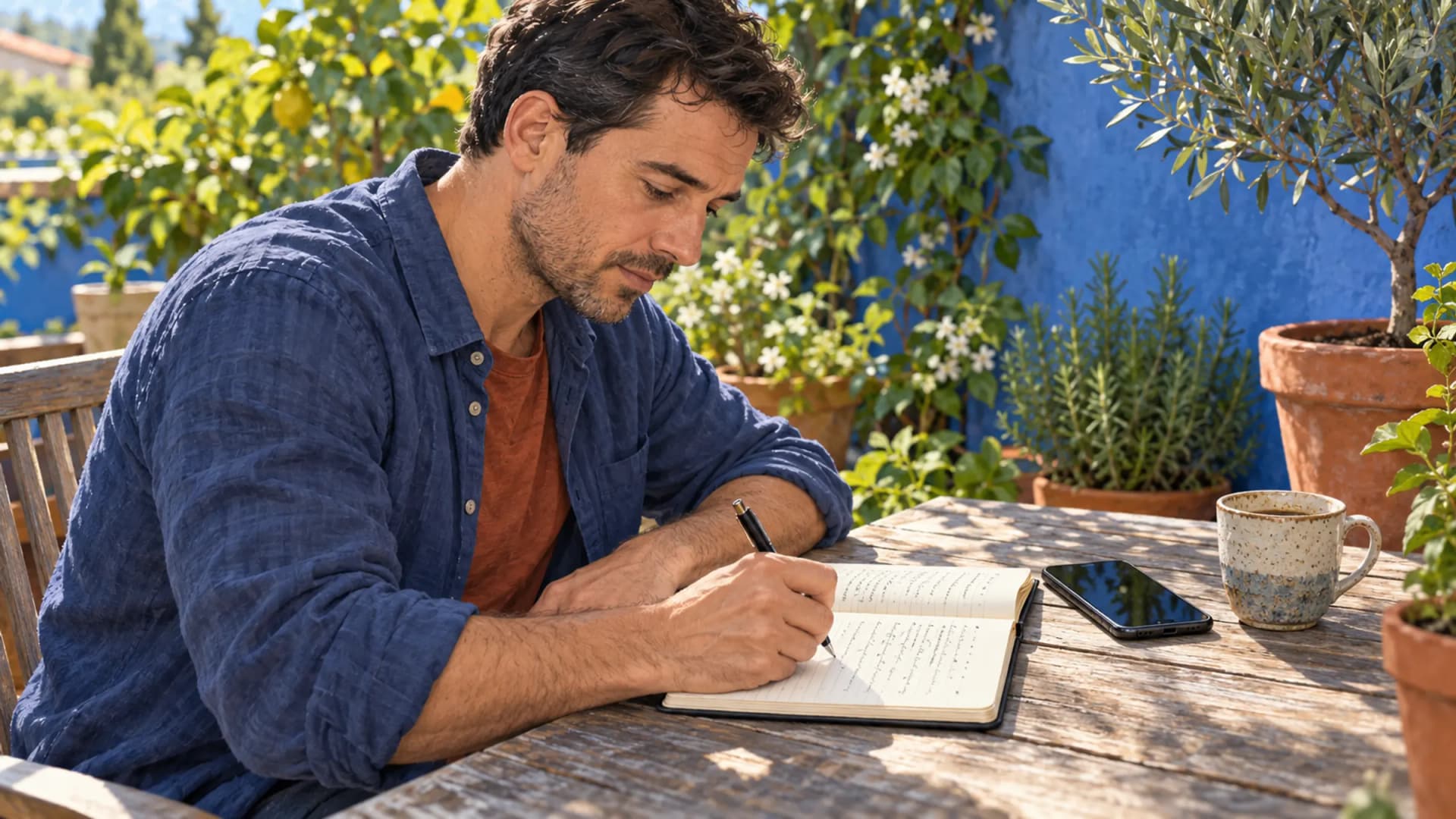 A man writes in a notebook at an outdoor table, with his phone set aside beside a mug.