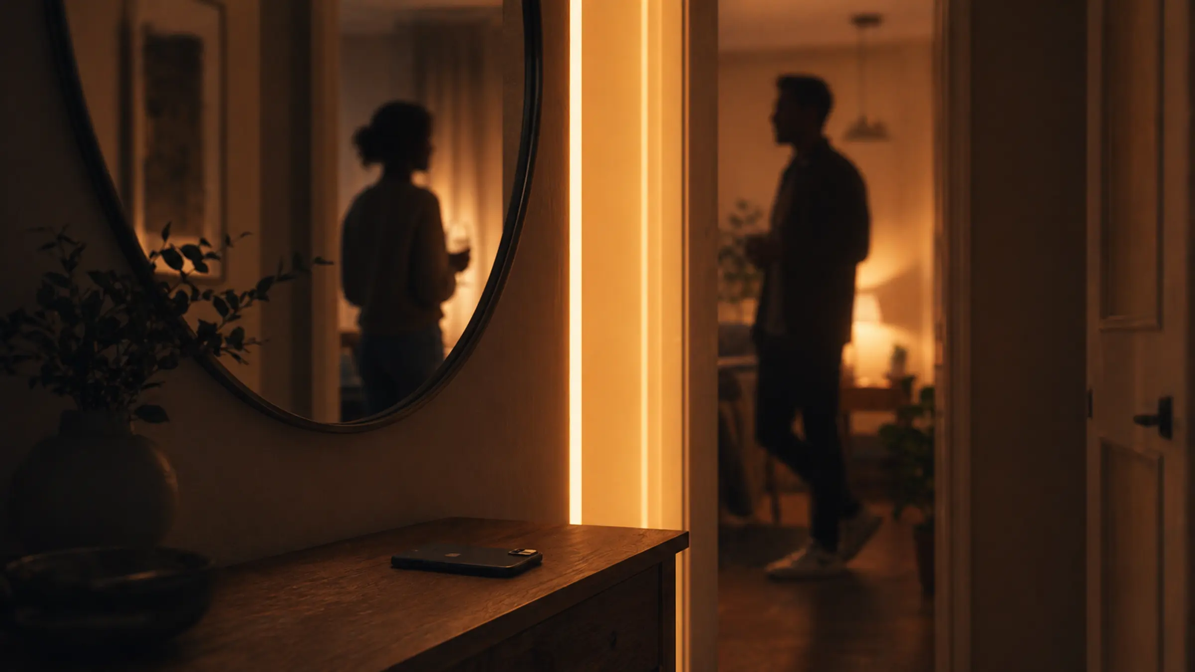 A moody mirror and doorway composition with two reflected silhouettes separated by a thin line of light