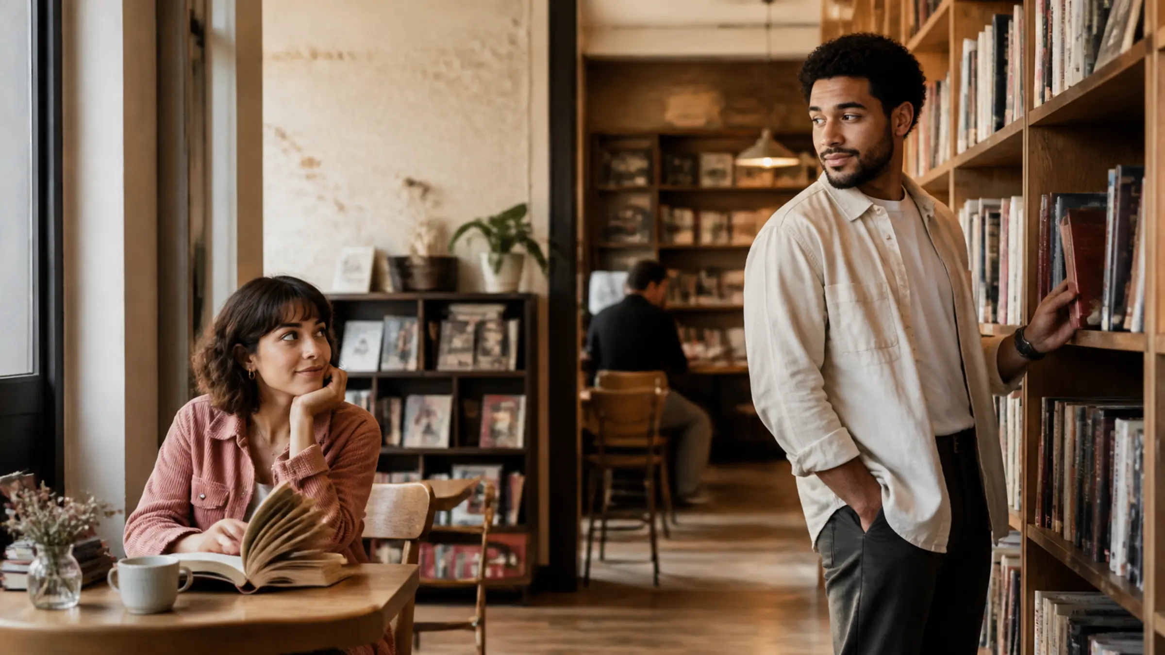 Two people noticing each other for the first time across a softly lit bookstore