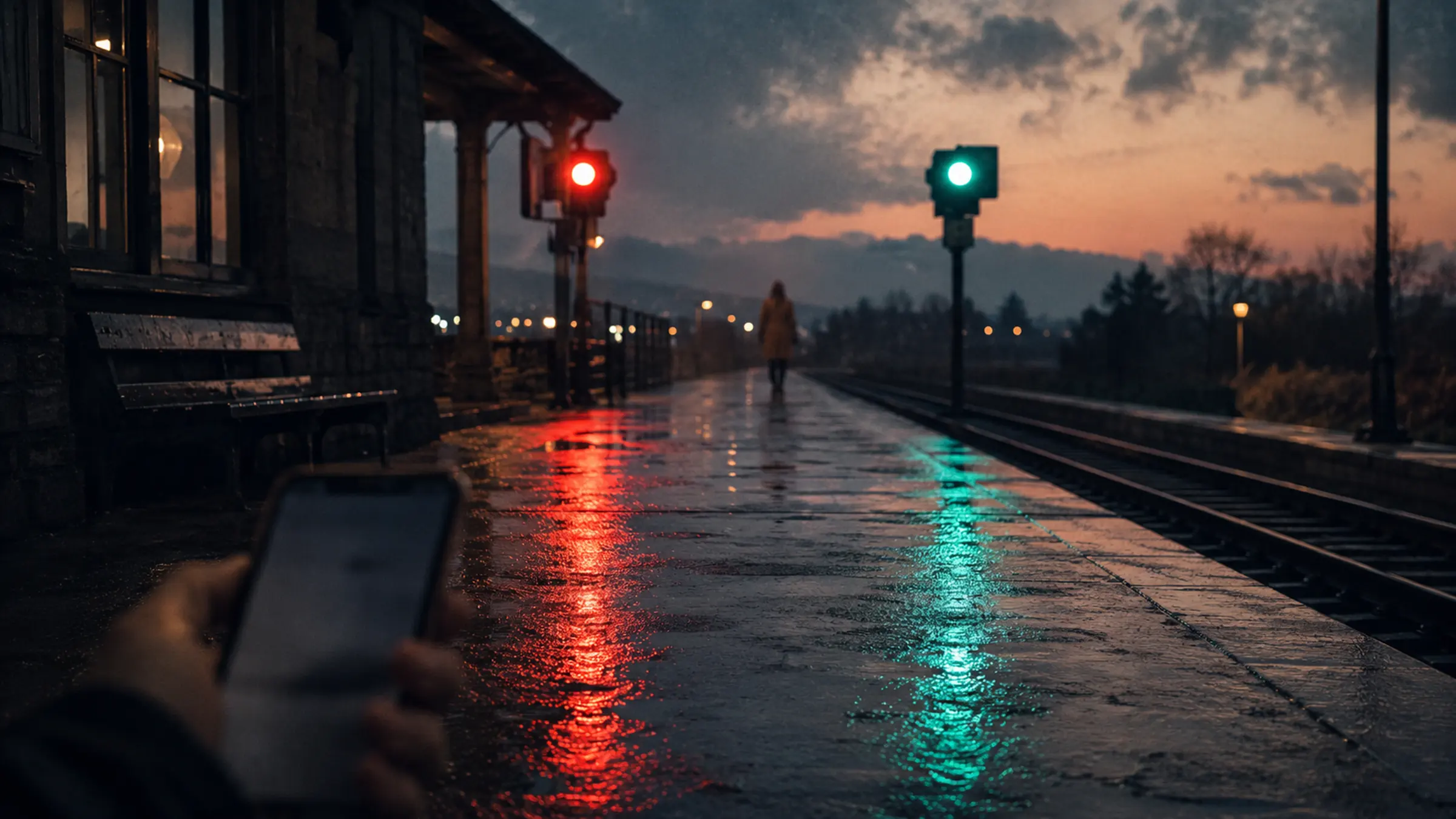 A quiet train platform at dusk with a warm figure in the distance, split signal lights, and a phone held low in uncertainty