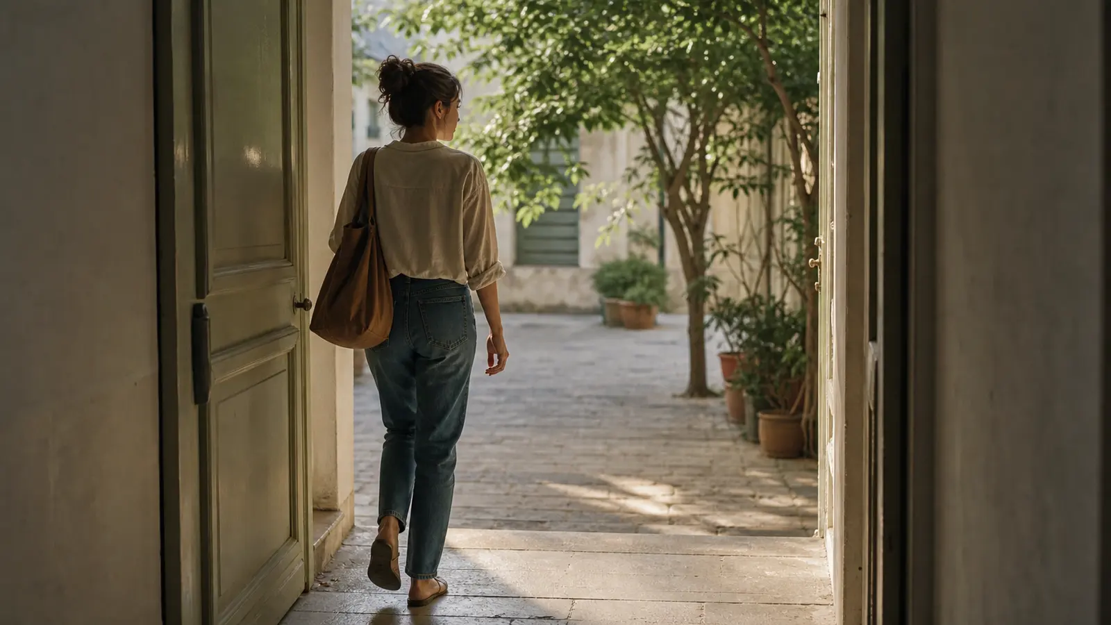 A person walking into soft morning light after choosing self-respect