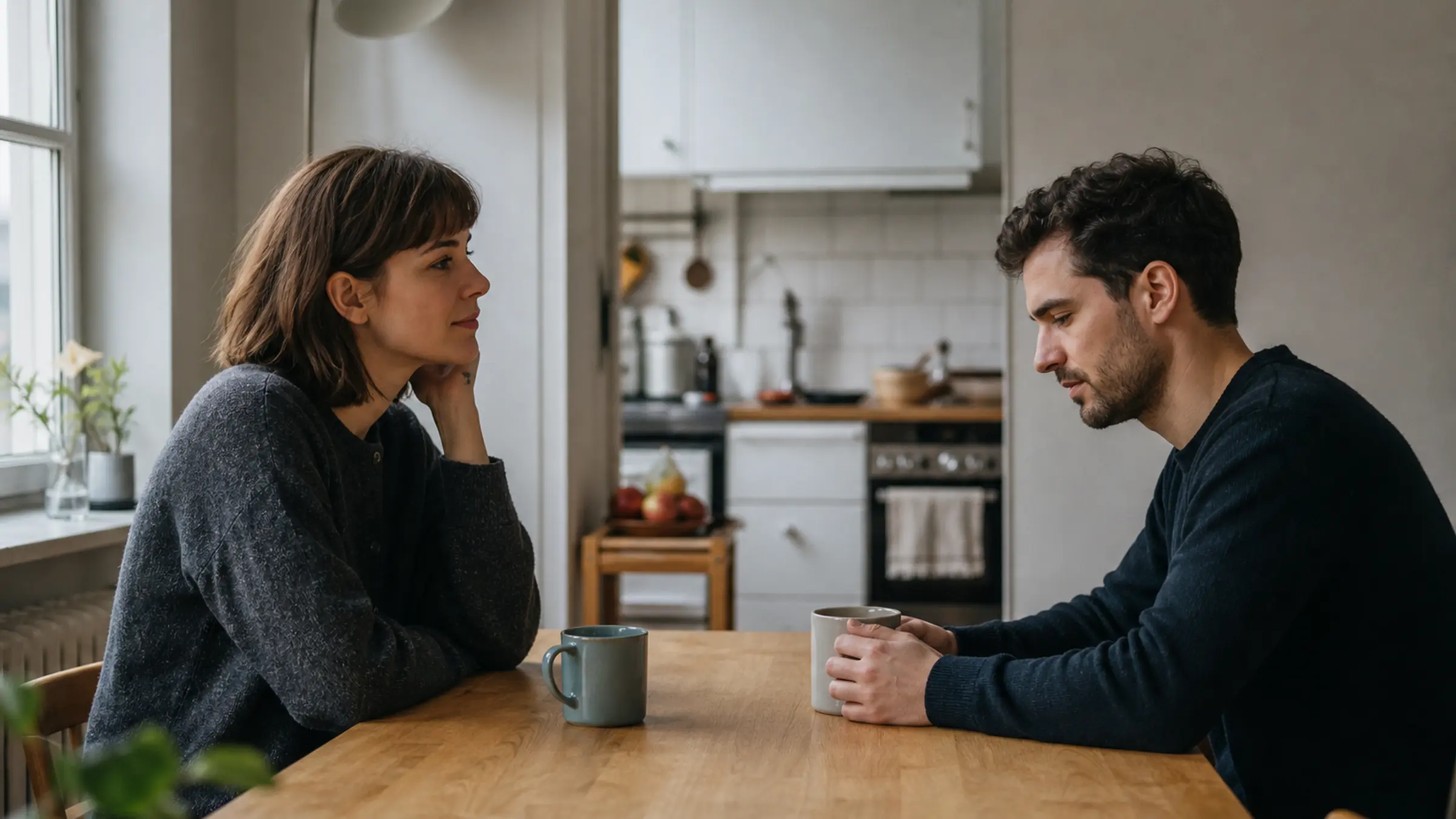 Two partners sitting across a quiet kitchen table with space between them while considering a relationship decision