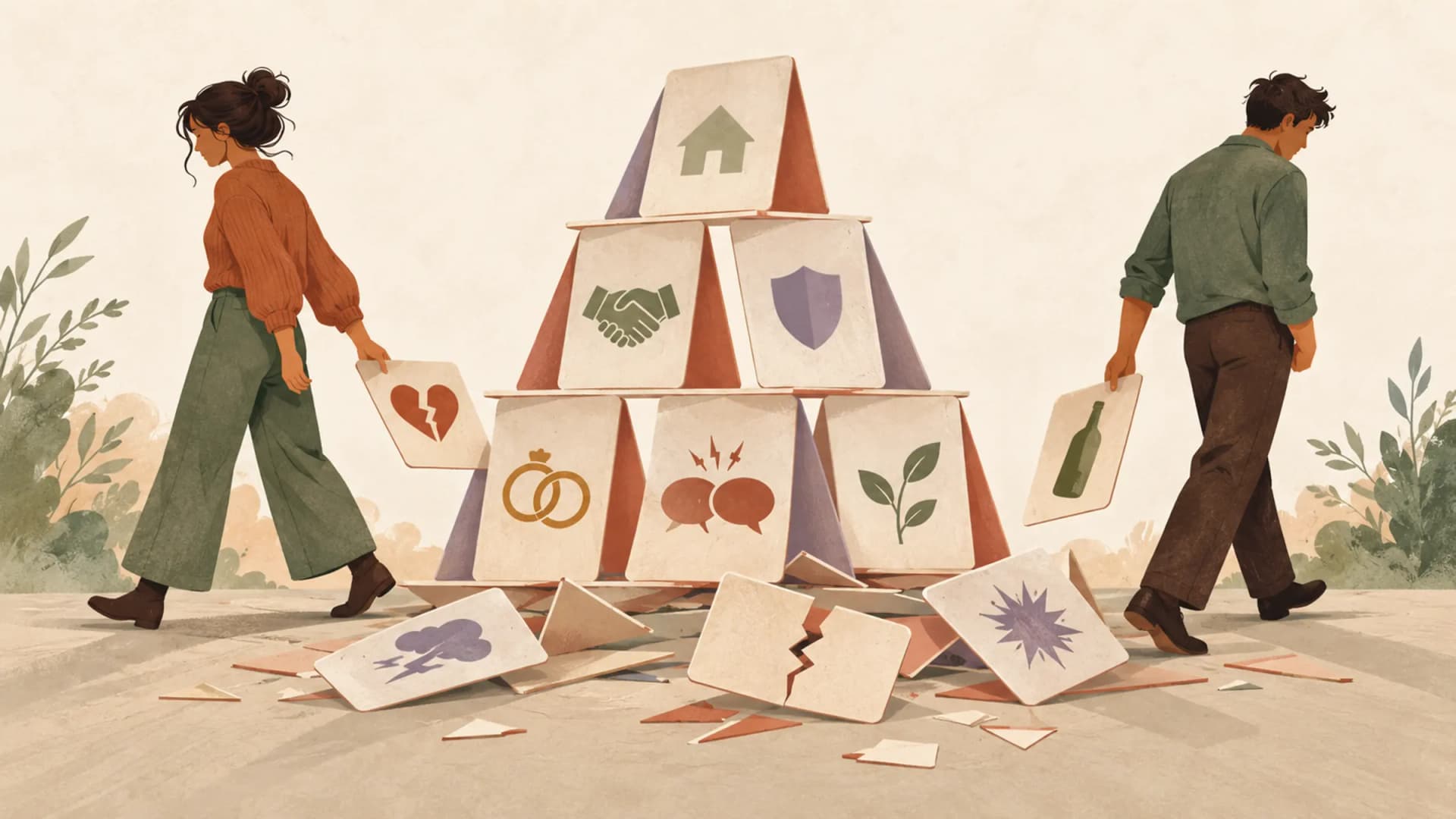 A fragile stack of relationship expectations contrasts with two people choosing different directions.
