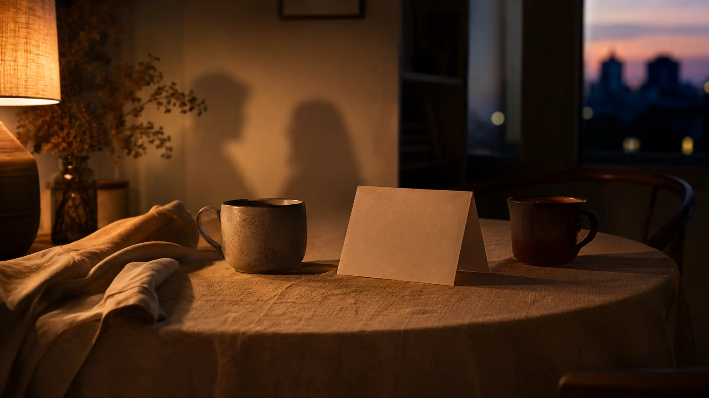 A warm dusk table with two mugs, a blank folded question card, linen texture, and two soft shadows near the wall
