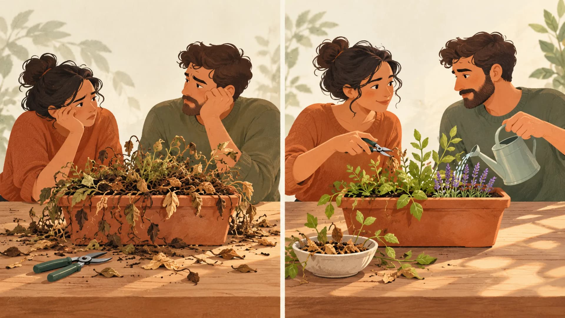 Two partners examine a neglected shared plant and then make small repairs together.