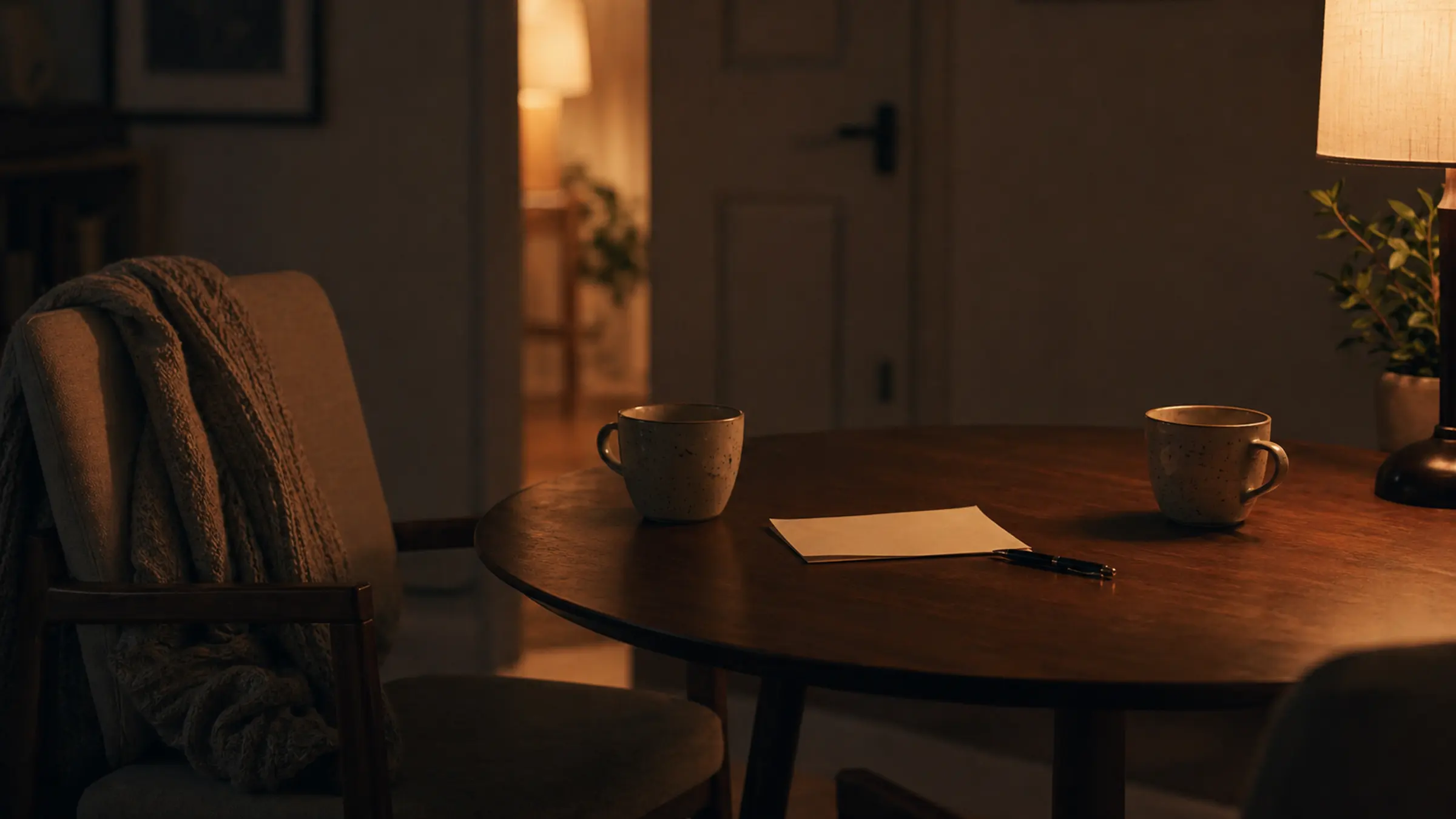 A face-down note, pen, and two mugs on a warm table before an honest conversation