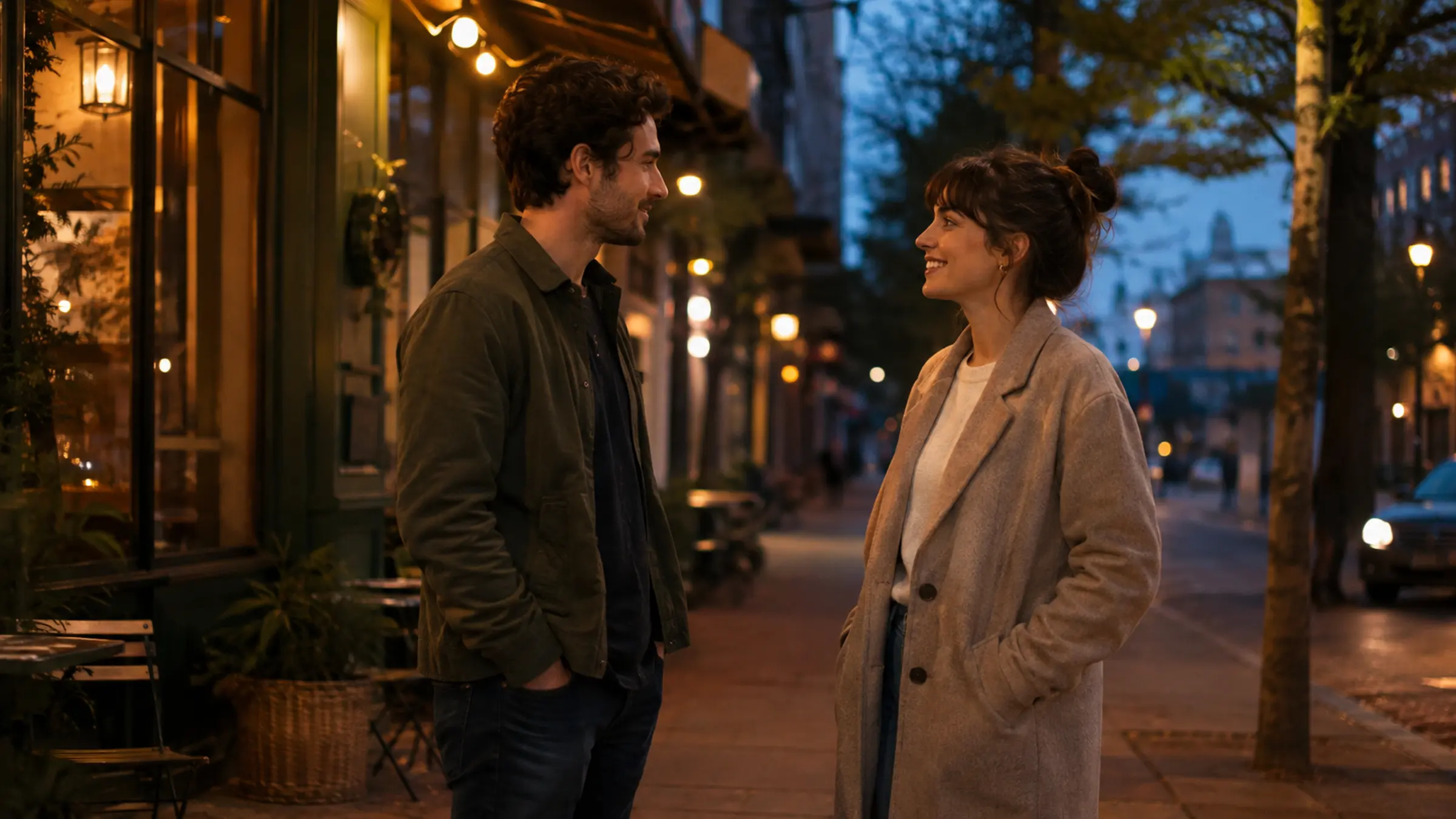 Two adults sharing a warm, unhurried pause at the end of a date while keeping comfortable personal space